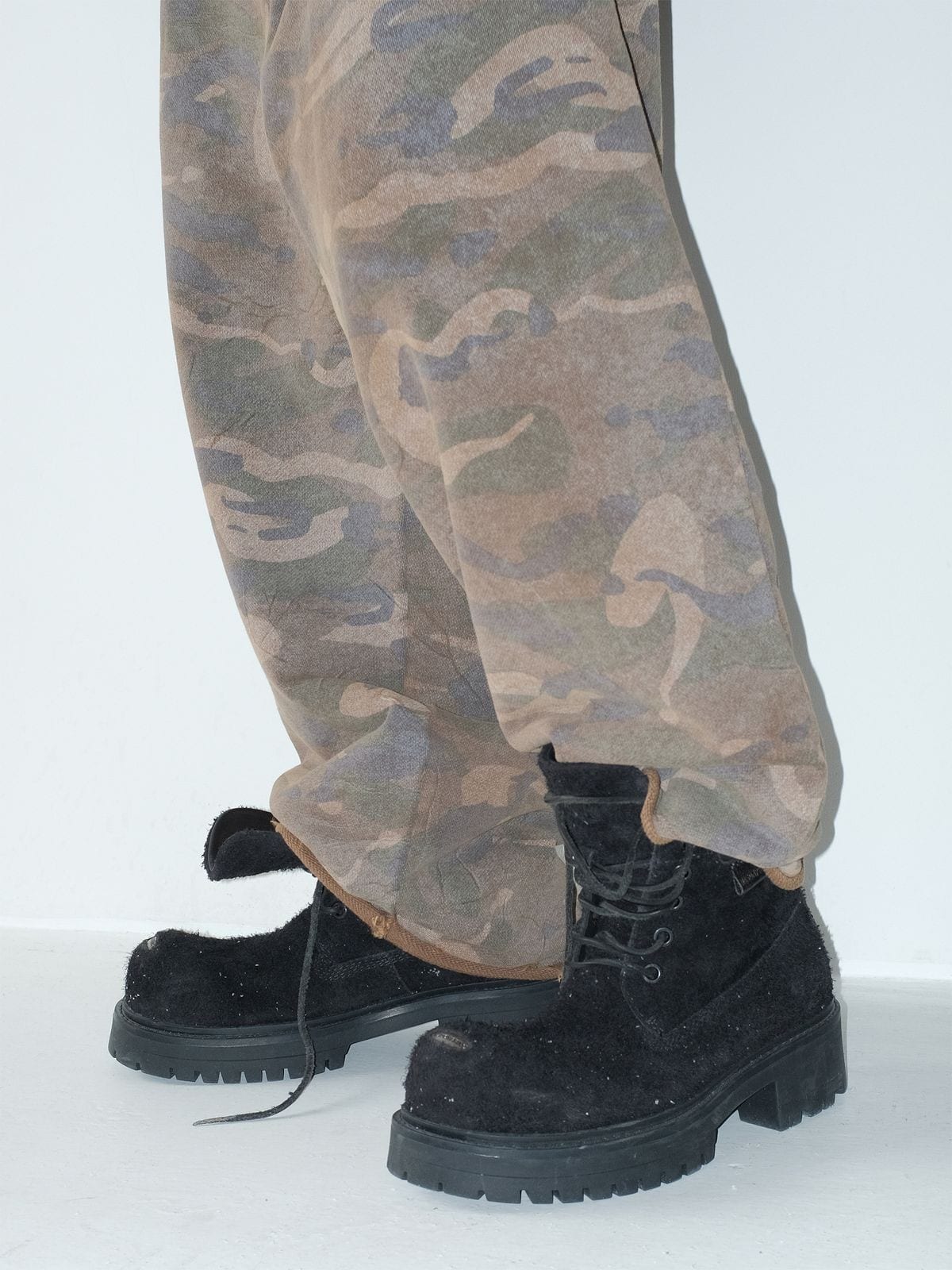 MasonPrince Washed Suede Platform Work Boots in Black - On Model