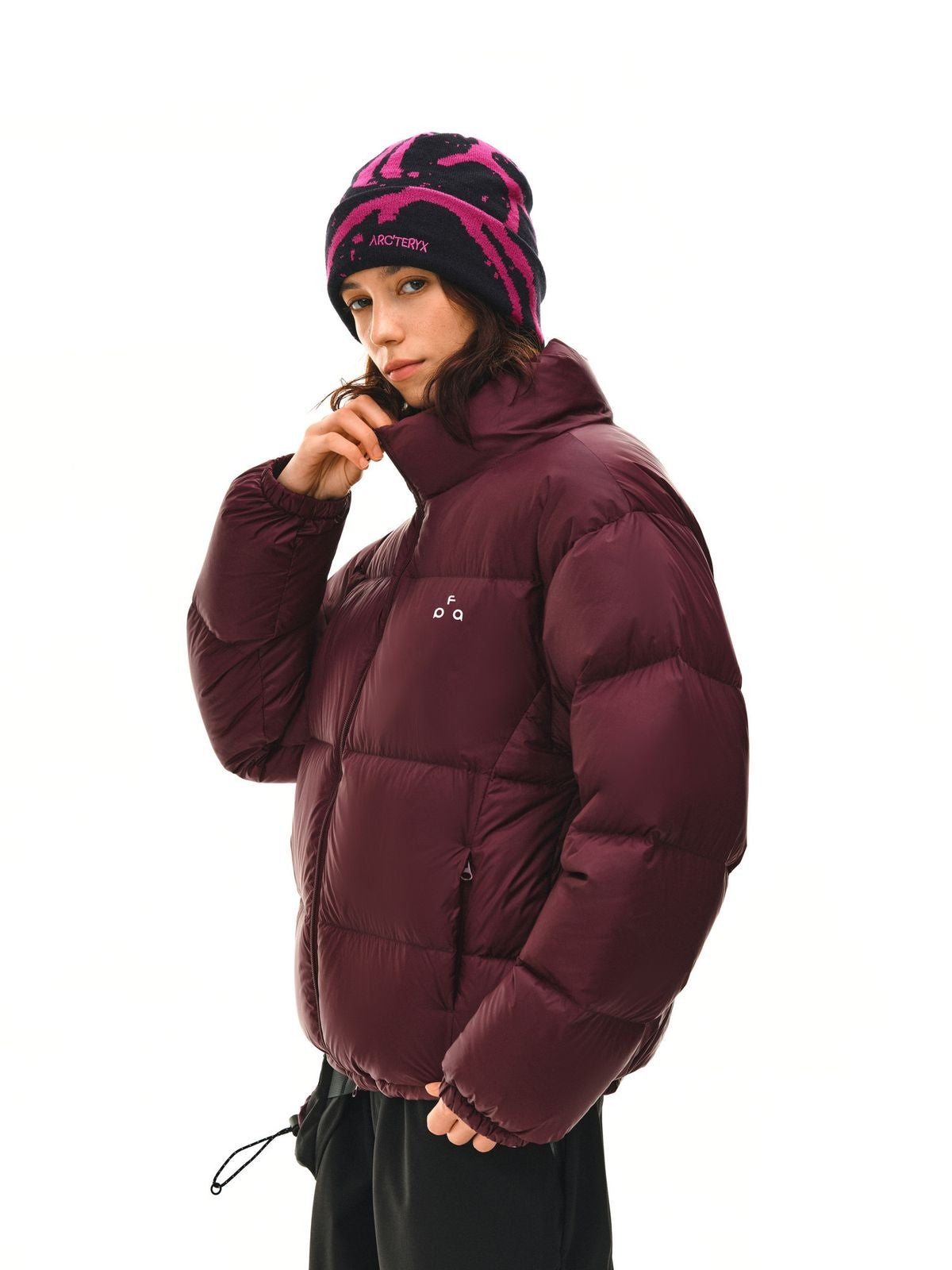 FPA Logo Print Down Puffer Jacket in Burgundy - On Female Model