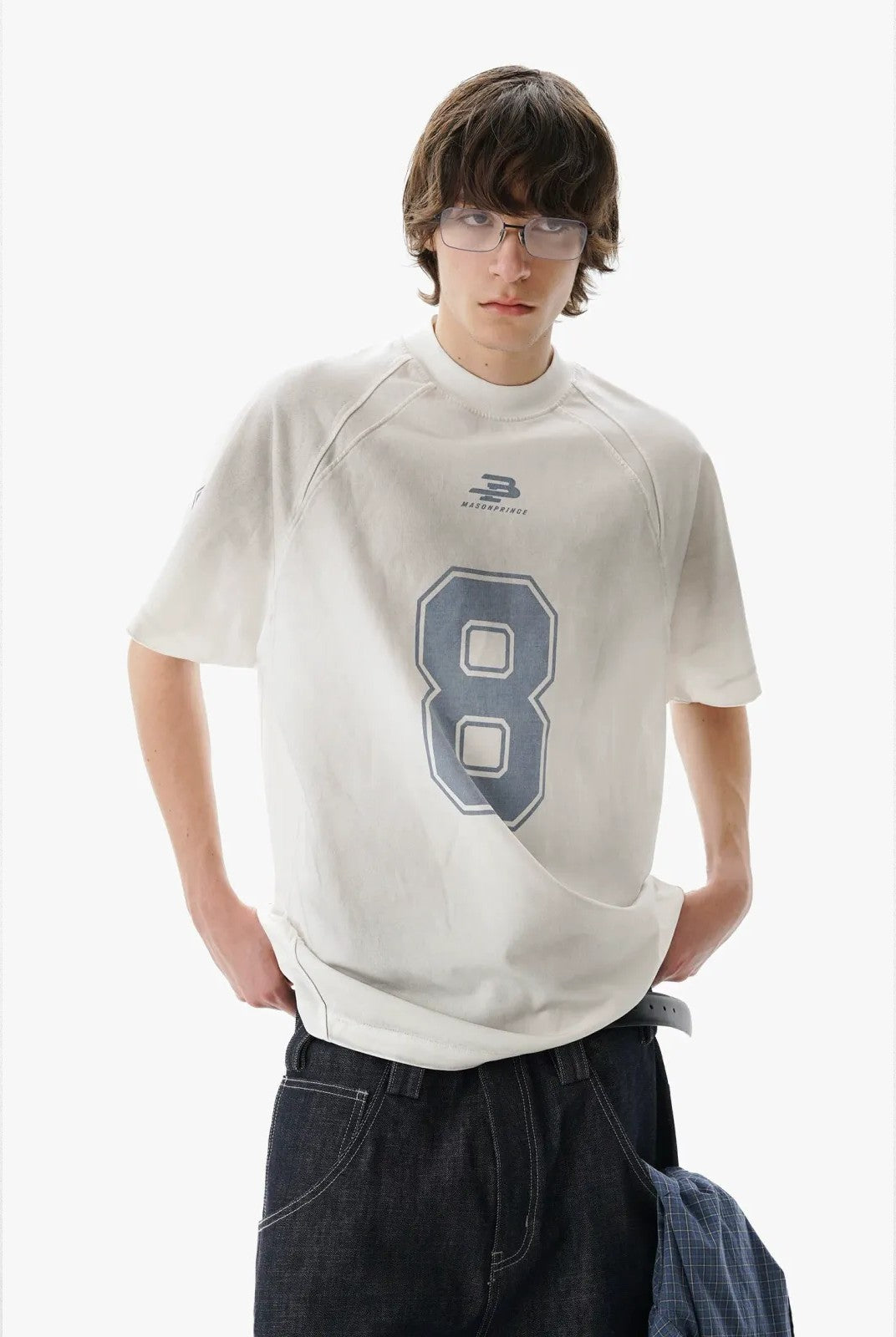 MASONPRINCE Combed Cotton No 8 Jersey Tee in White - On Model