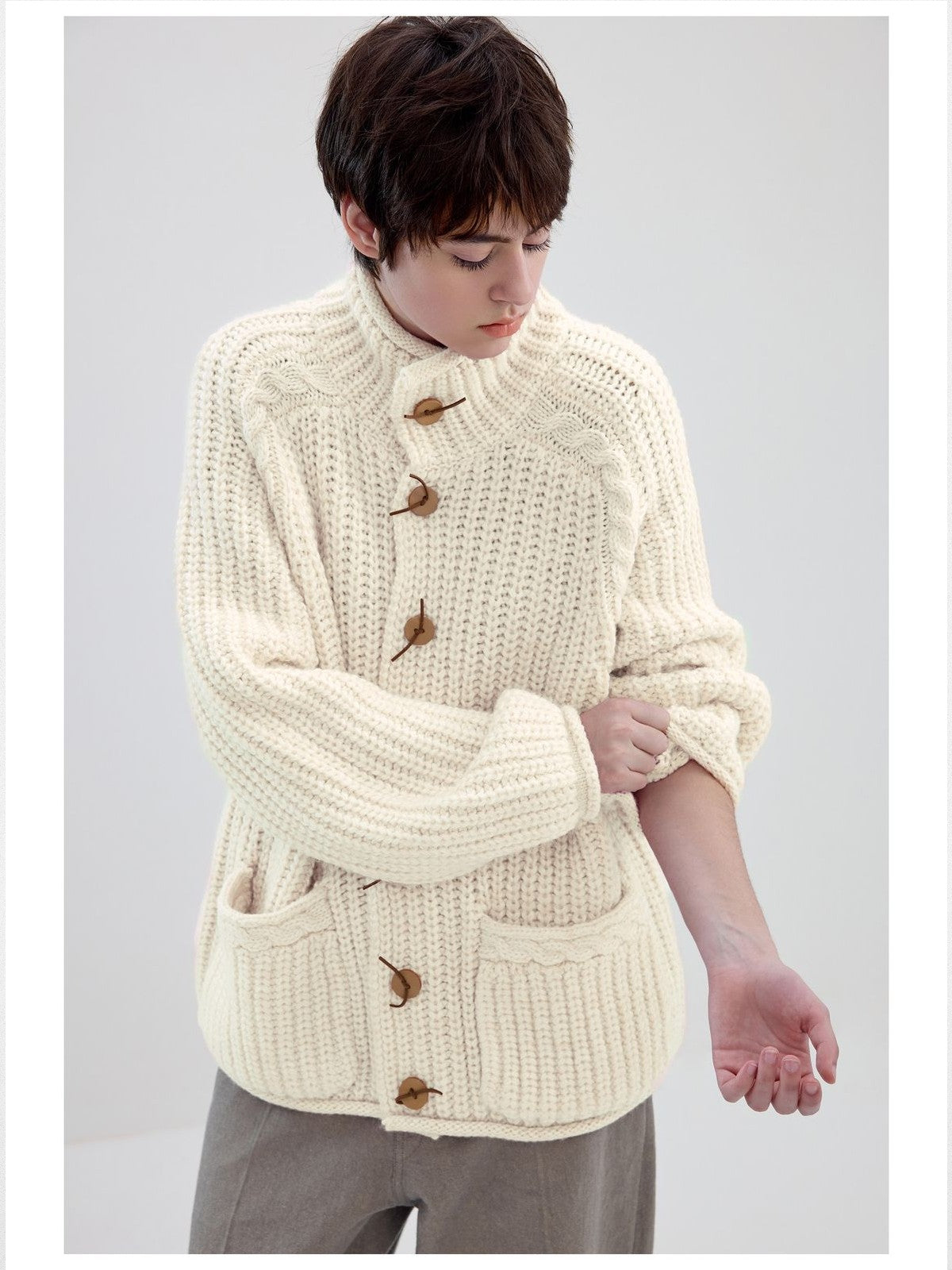 Simple Project Chunky Wool Blend High Neck Cardigan in Cream - On Male Model