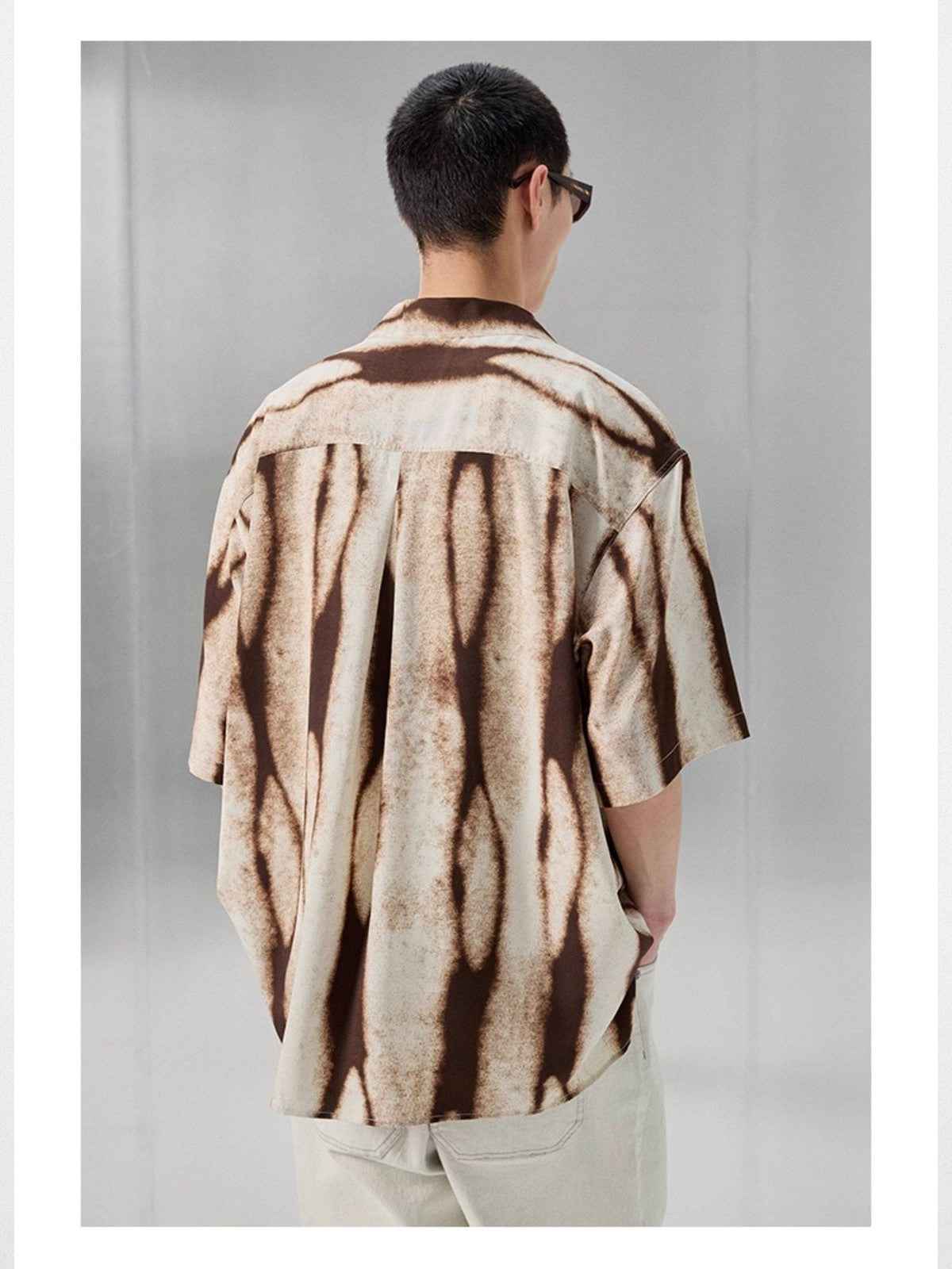NANS Ink Splash Print Cuban Collar Shirt in Brown - On Model