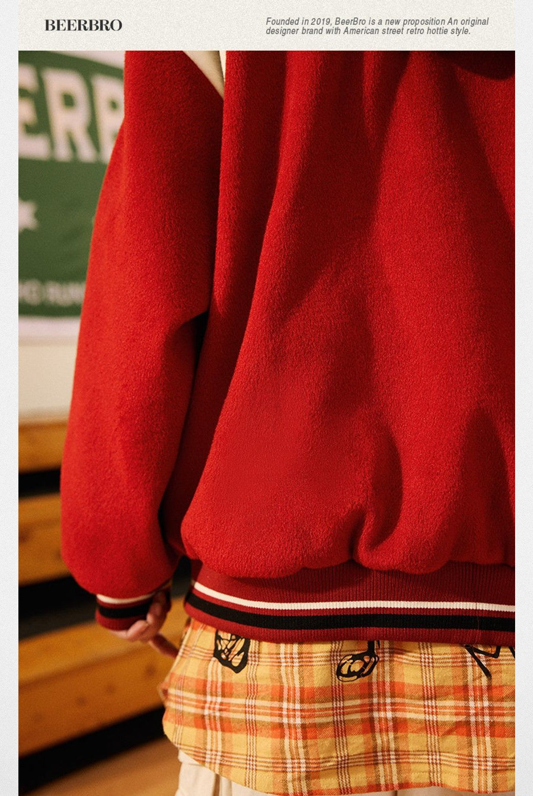 BeerBro Detachable Hood Varsity Jacket in Red - Detail