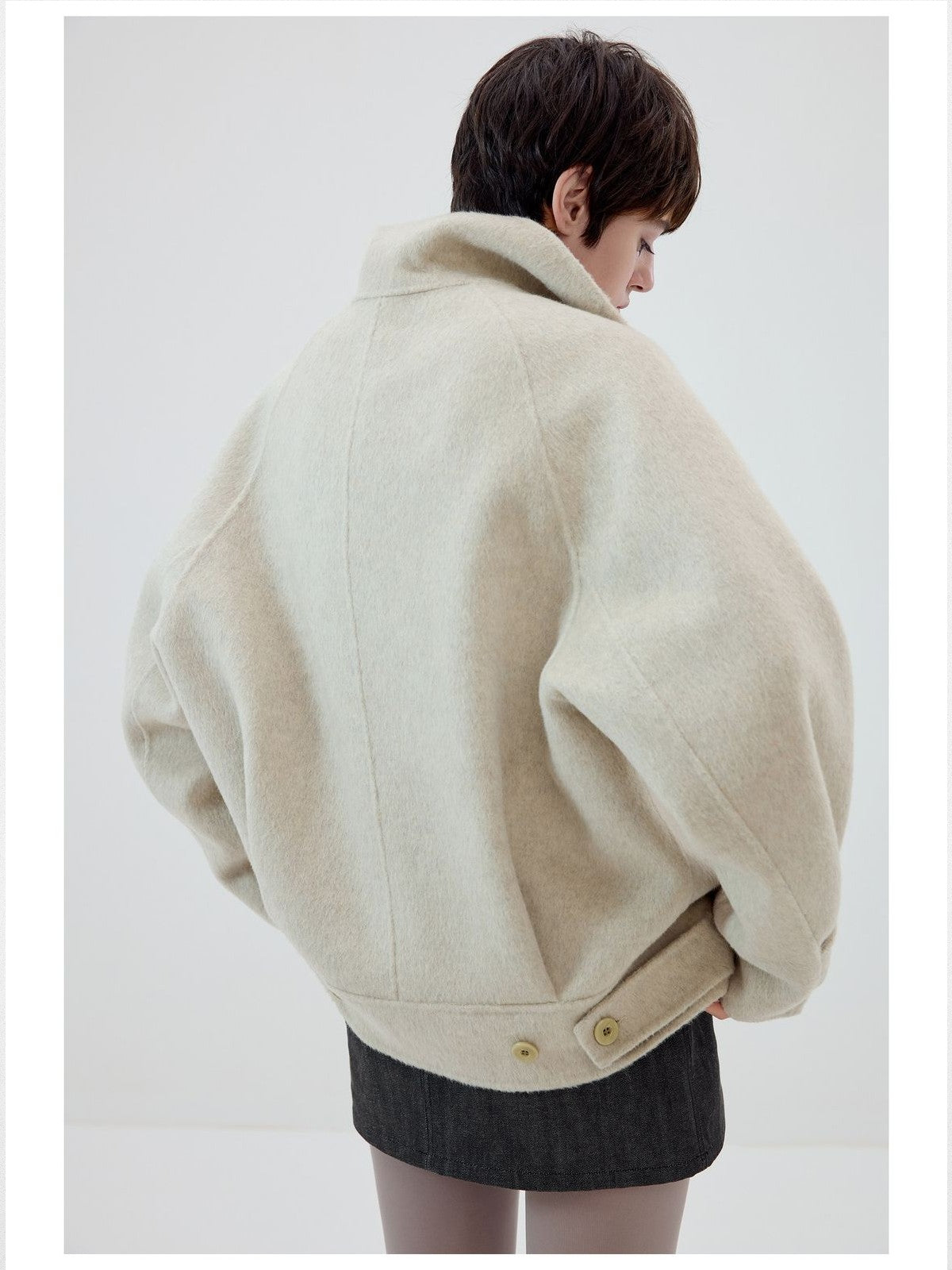 Simple Project High Neck Double Faced Wool Jacket in White - On Female Model