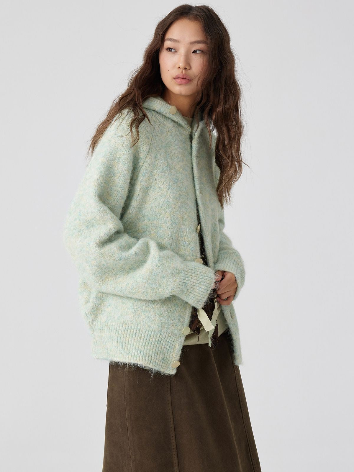 Simple Project Hooded Wool Blend Cardigan in Mint - On Female Model