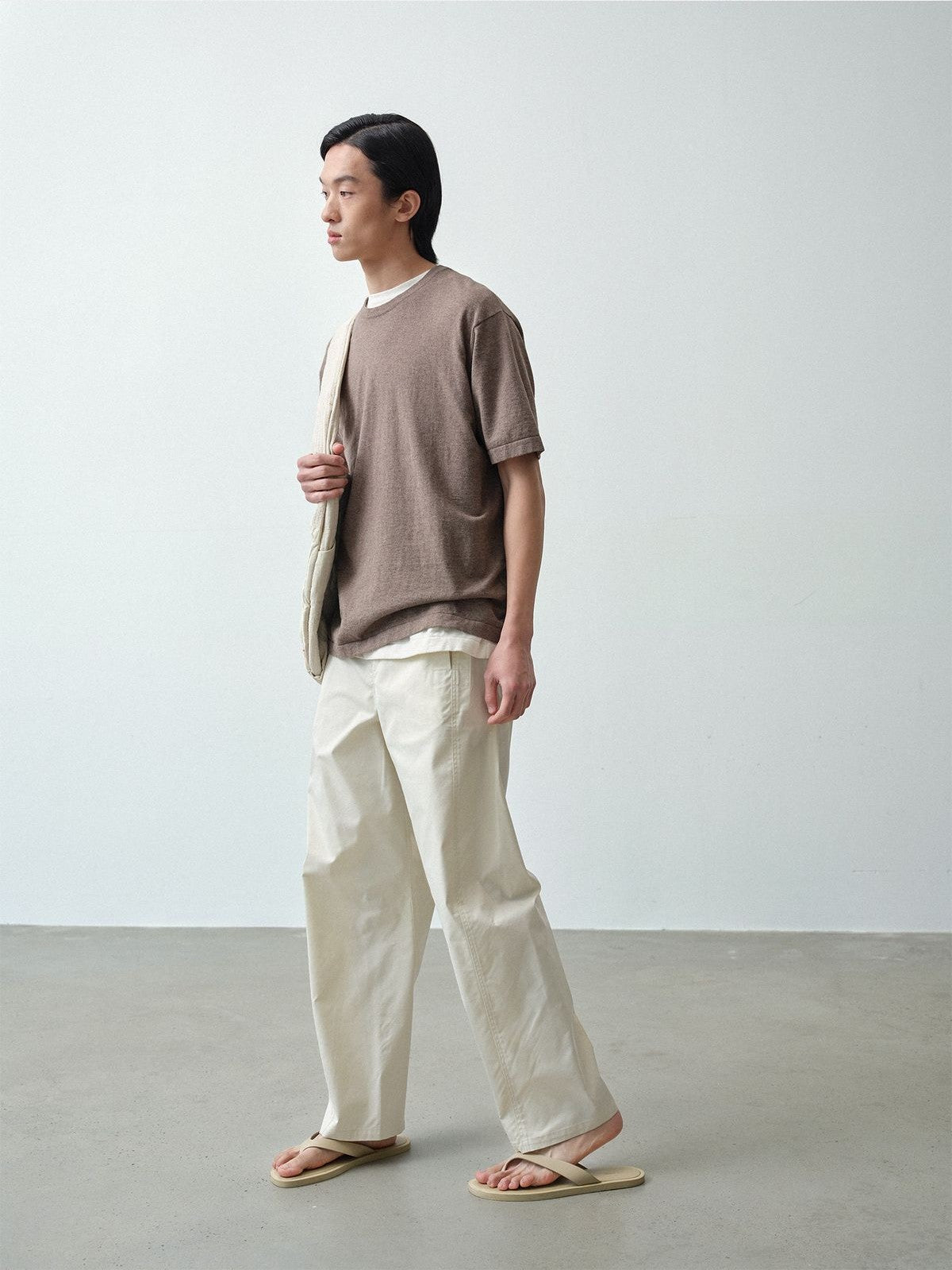 ROYA Cashmere Cotton Blend Knit T Shirt in Beige - On Model