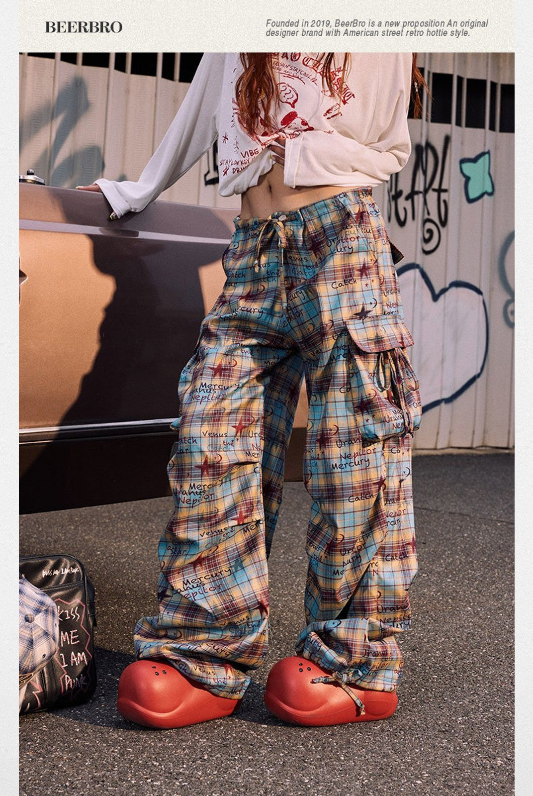 BeerBro Graffiti Plaid Strap Cargo Pants in Sky Blue