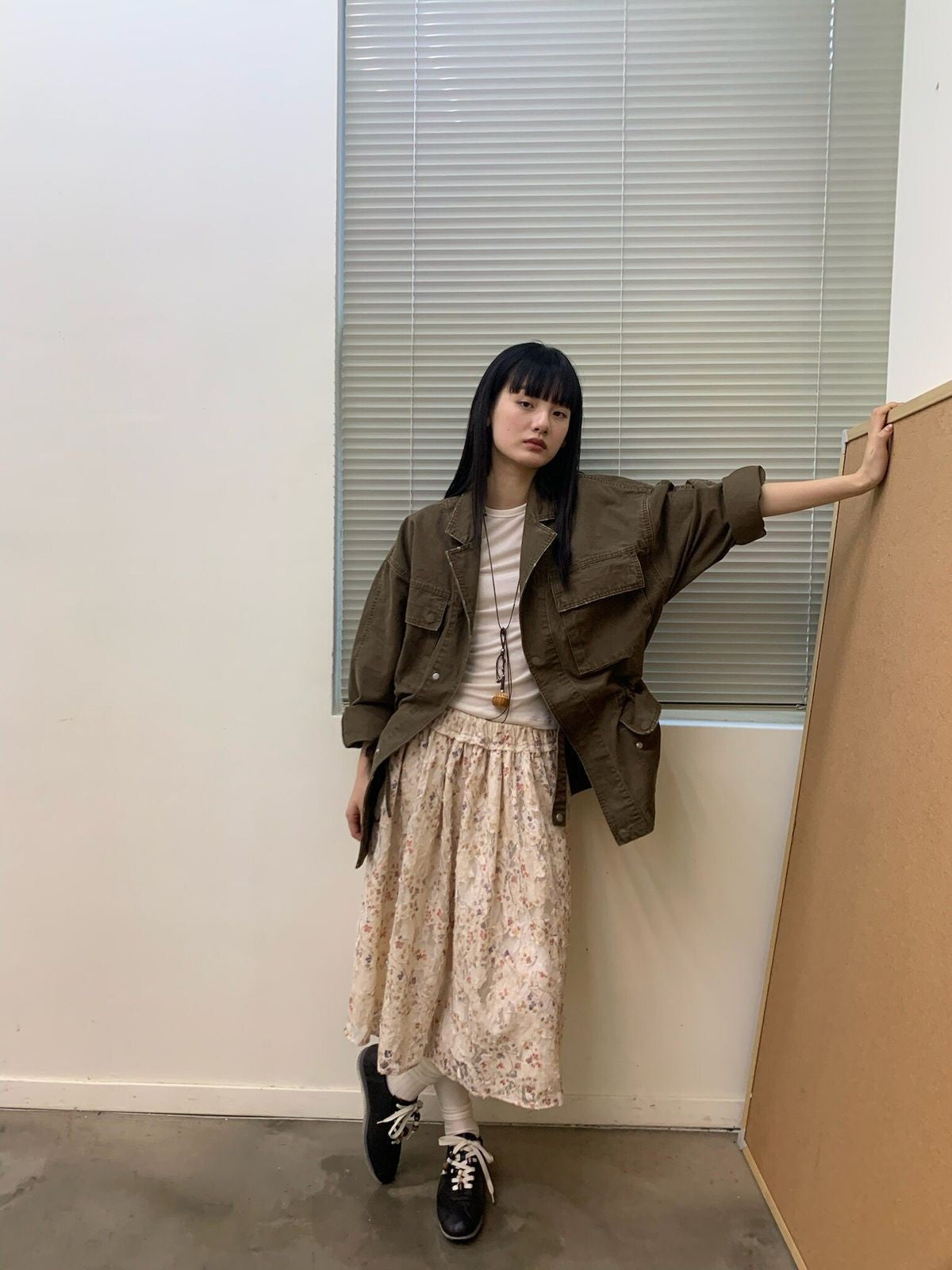 NeverSeez Washed Cotton Workwear Jacket in Brown - On Female Model