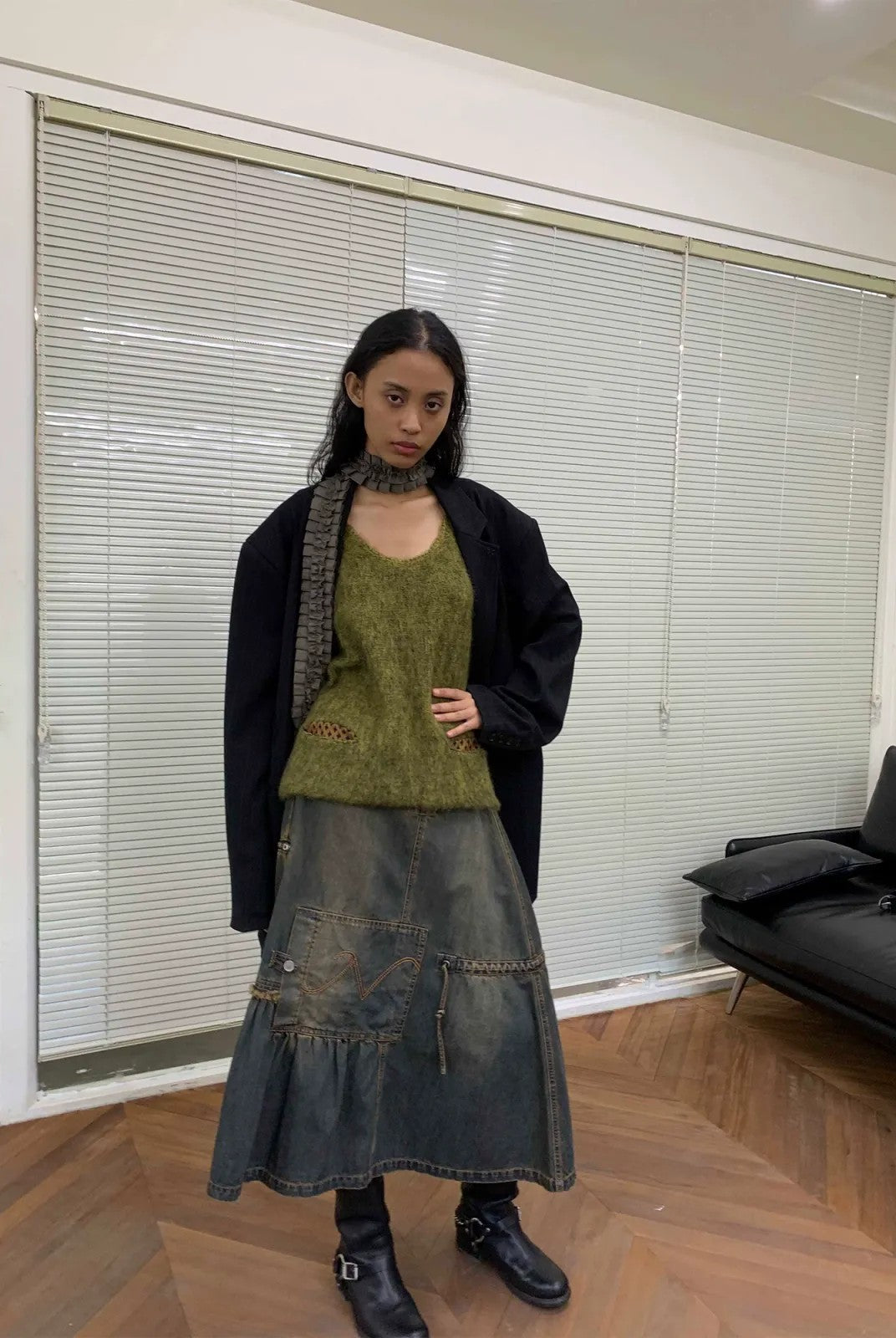 NeverSeez Asymmetric Vintage Wash Denim Skirt in Dark Wash - On Model