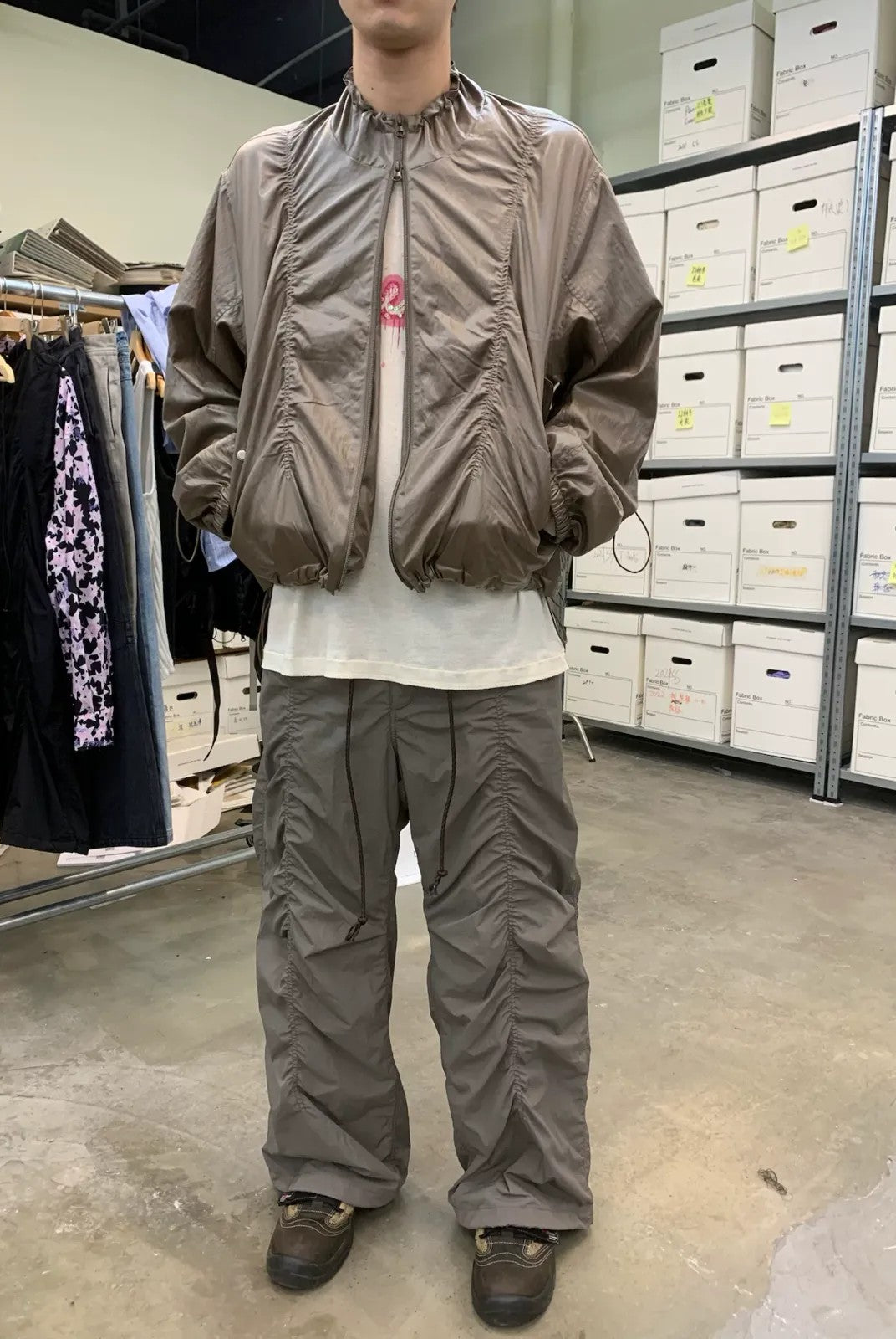 NeverSeez Glossy Ruched Tencel Windbreaker in Coffee - On Model