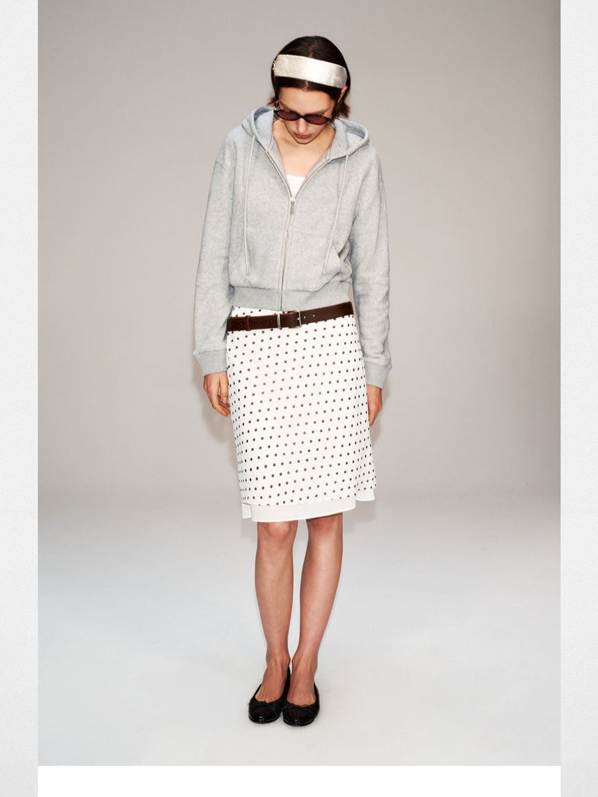 PUKI Cropped Cotton Blend Zip Hoodie in Gray - On Model