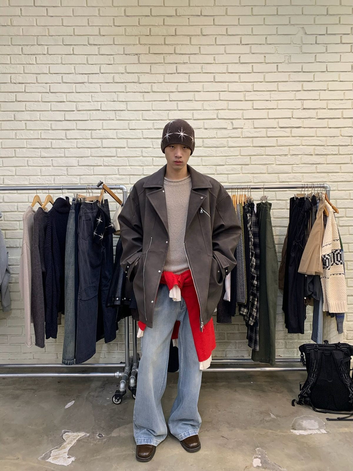 NeverSeez Padded PU Leather Trench Coat in Gray - On Male Model