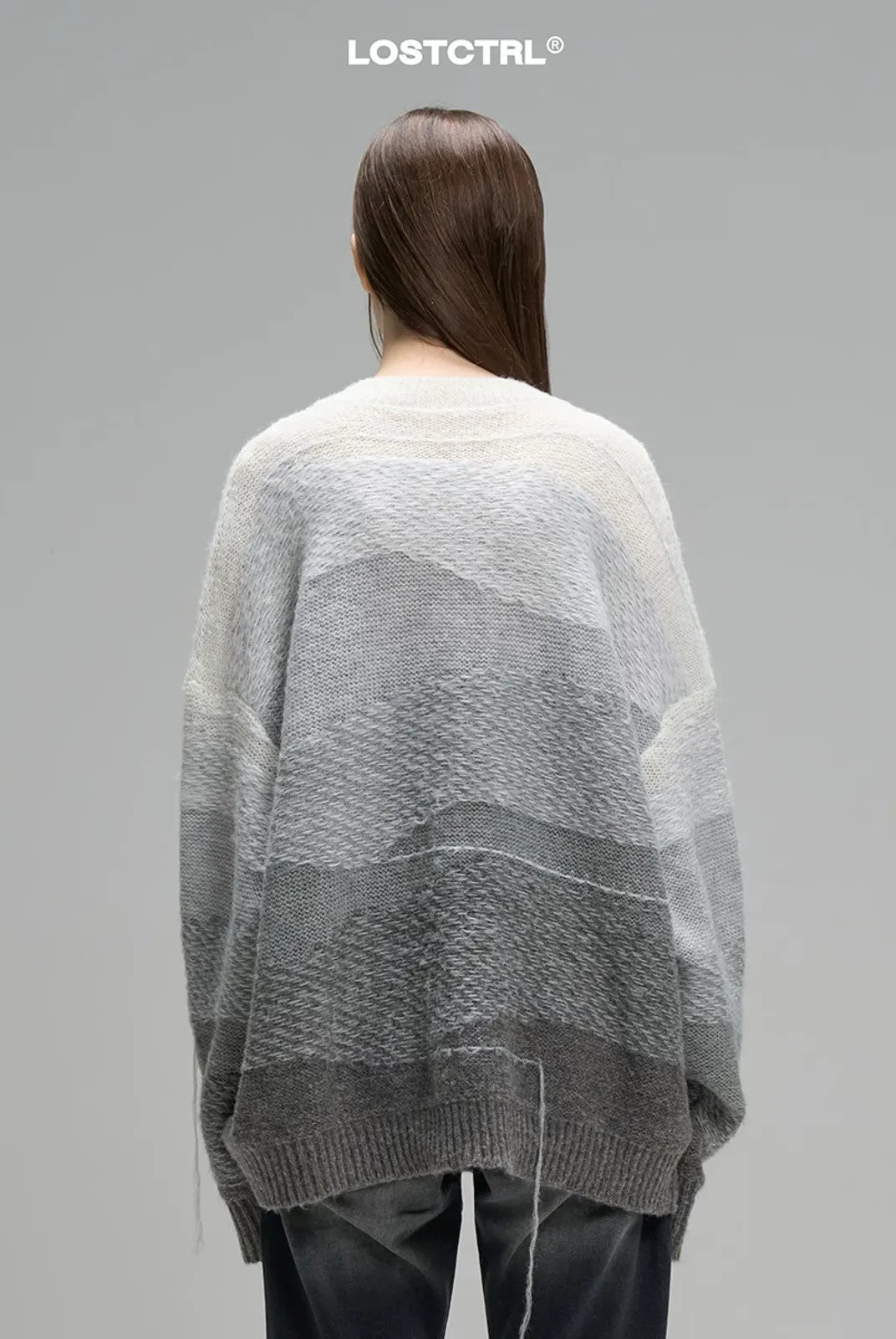 LOSTCTRL Gradient Fringe V Neck Sweater in Gray