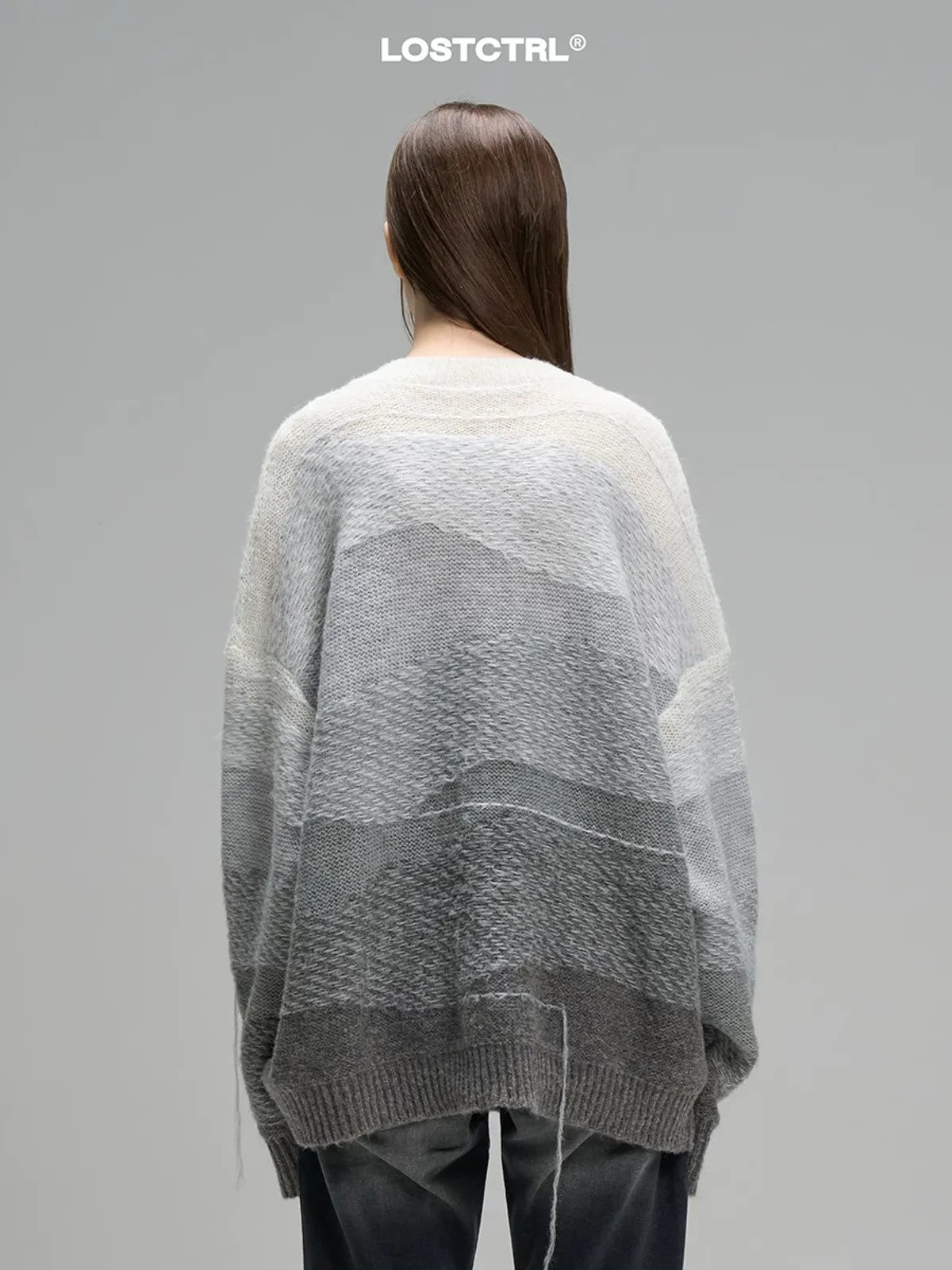 LOSTCTRL Gradient Fringe V Neck Sweater in Gray
