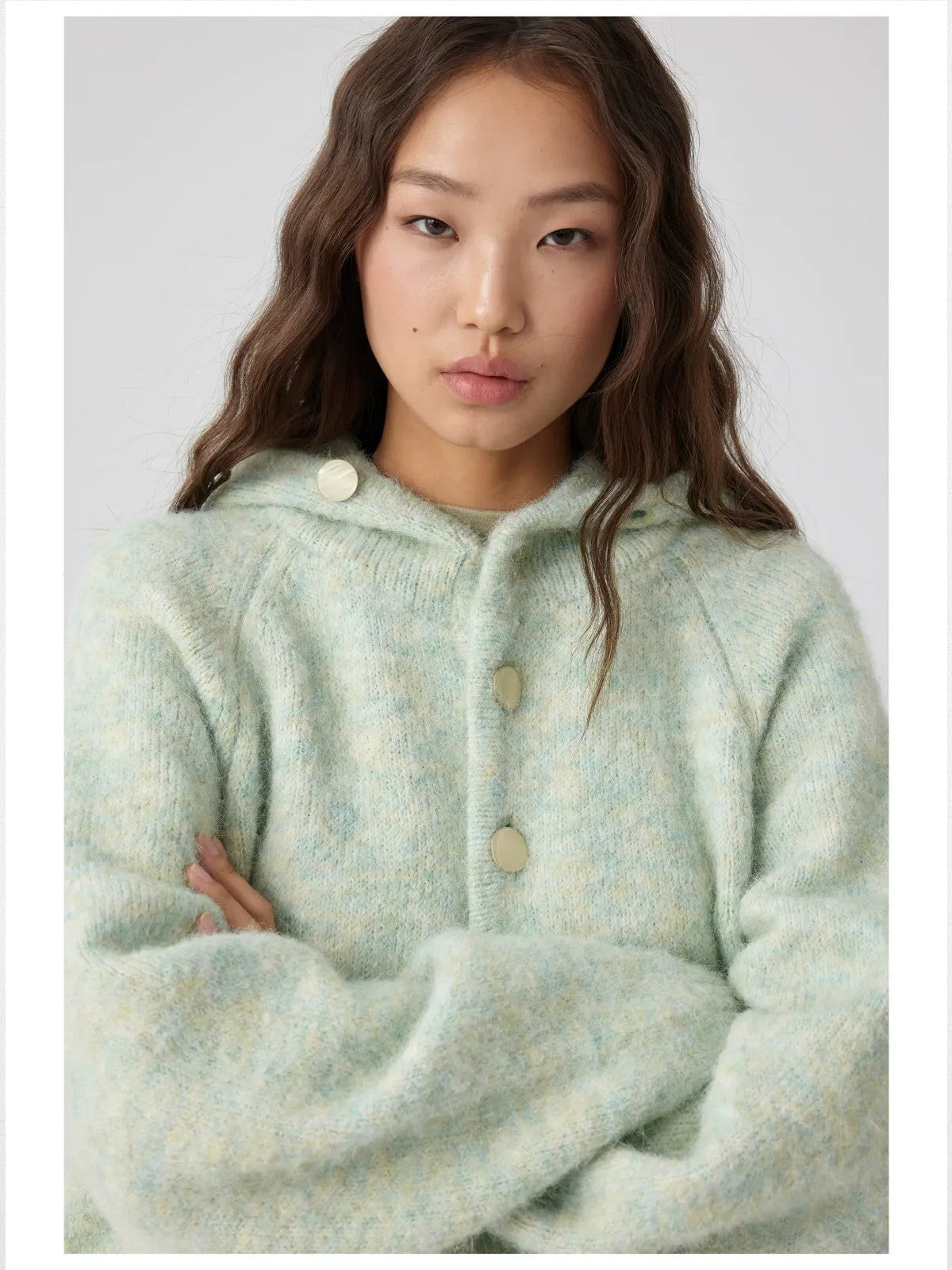 Simple Project Hooded Wool Blend Cardigan in Mint - On Female Model