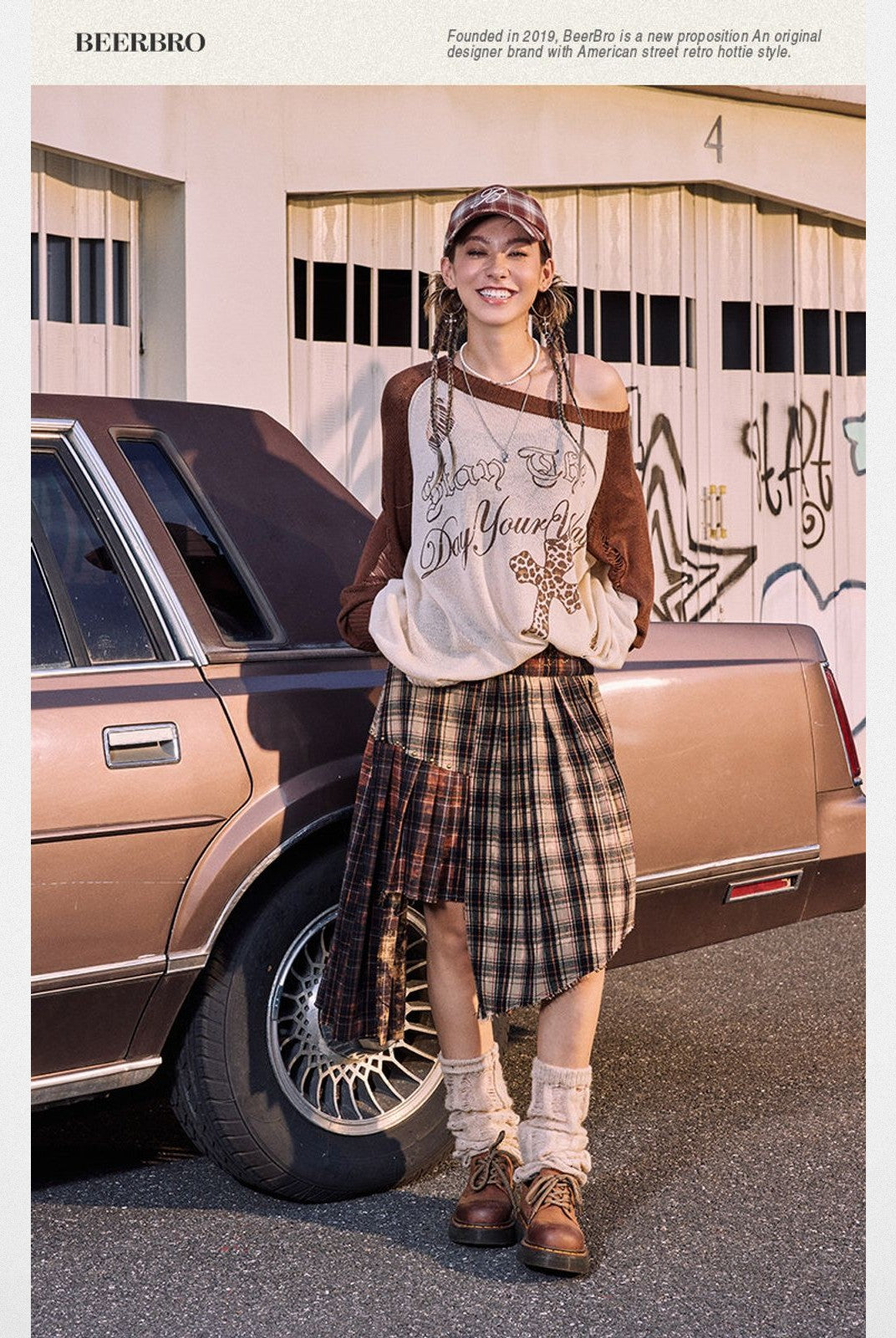 BeerBro Distressed Graphic Off Shoulder Sweater in White - Lifestyle