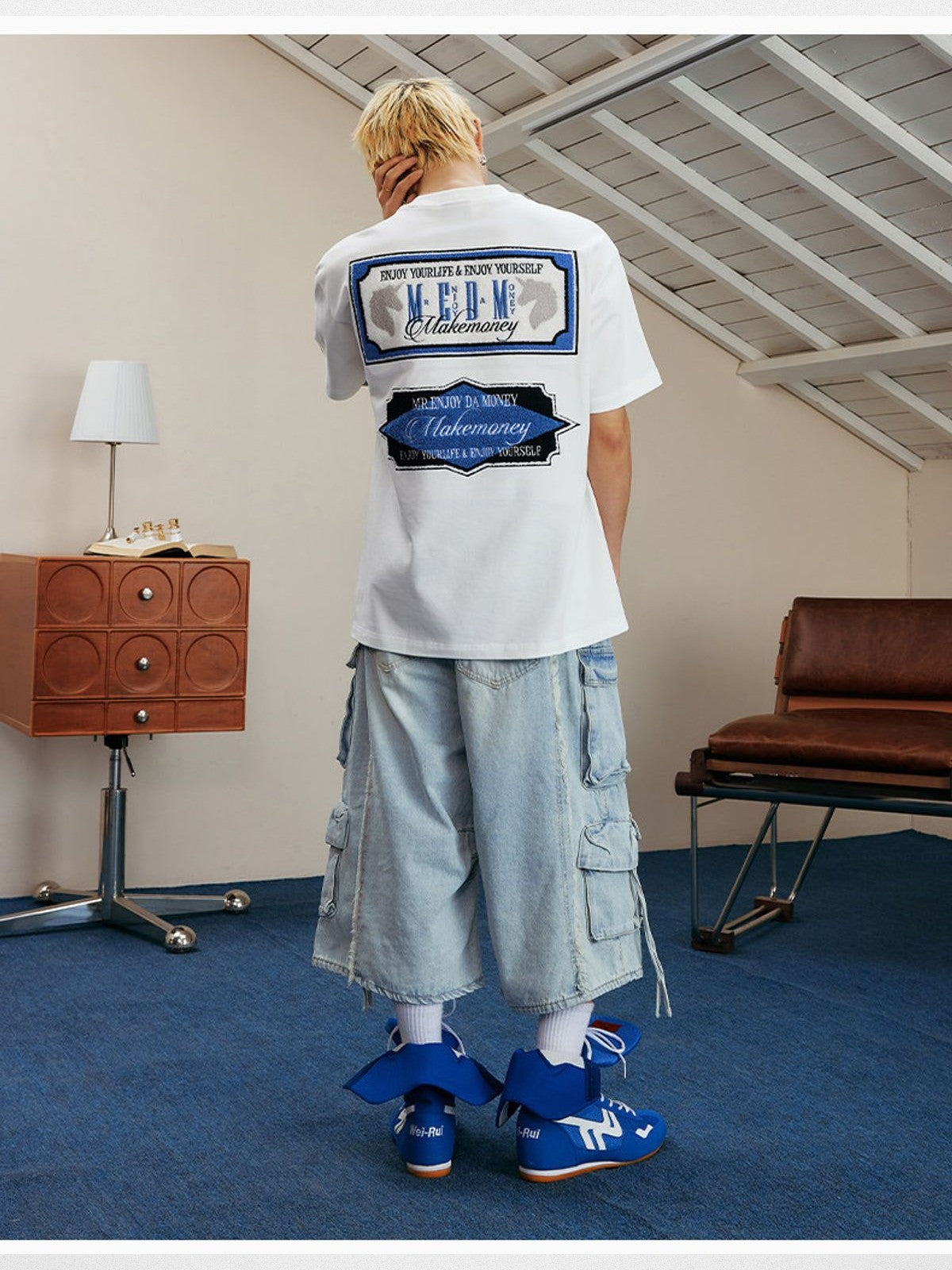 MEDM Retro Typography Chenille T Shirt in White - On Male Model