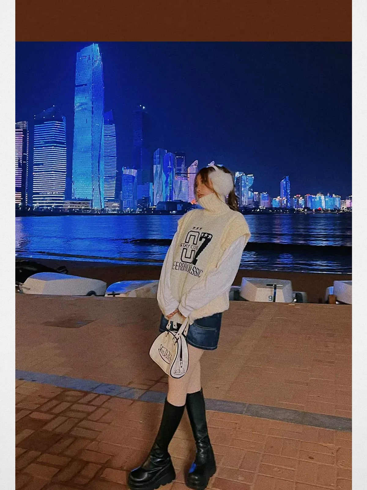 BeerBro Graphic Cable Knit Turtleneck Vest in Beige - On Model