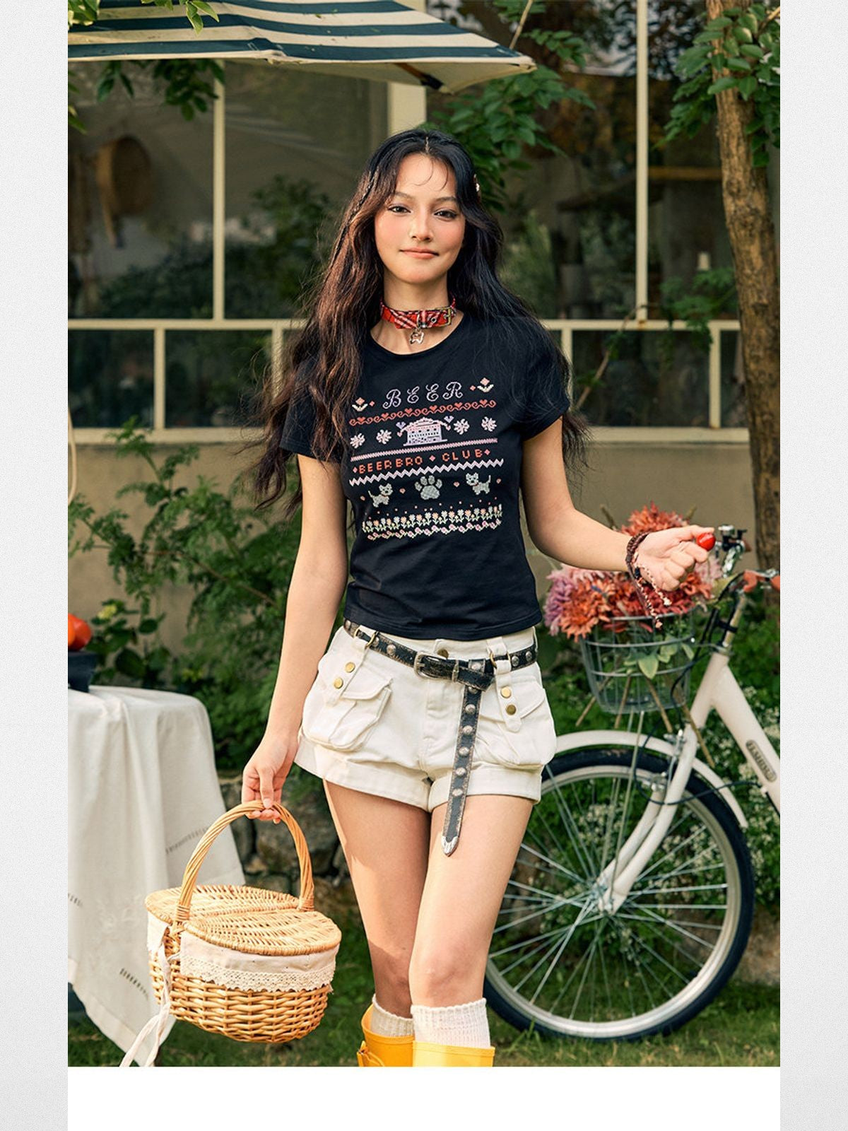 BeerBro Mosaic Puppy Graphic Baby Tee in Black - On Model