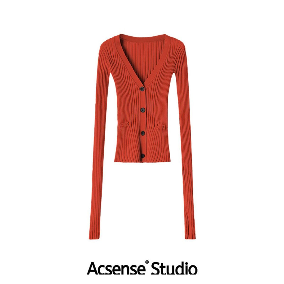 ACSENSE STUDIO Ribbed V Neck Tencel Cardigan in Orange