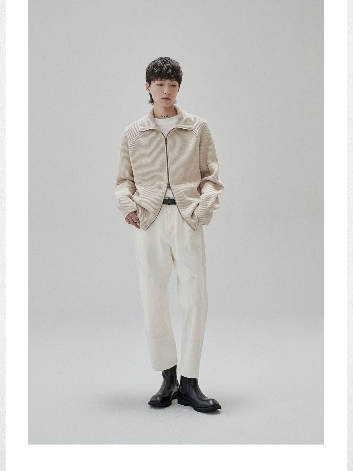 NANS Heavyweight Raglan Zip Cardigan in Beige - On Model