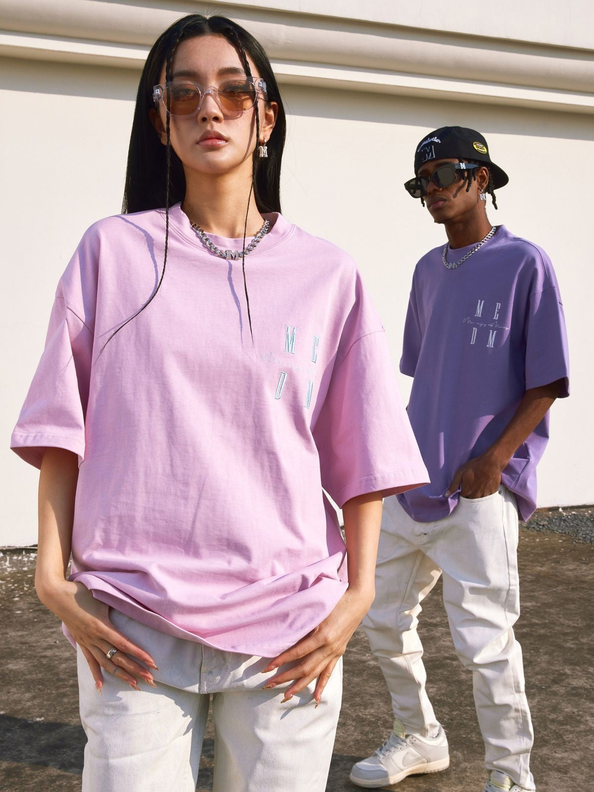 MEDM Oversized Logo Print T Shirt in Pink - Lifestyle