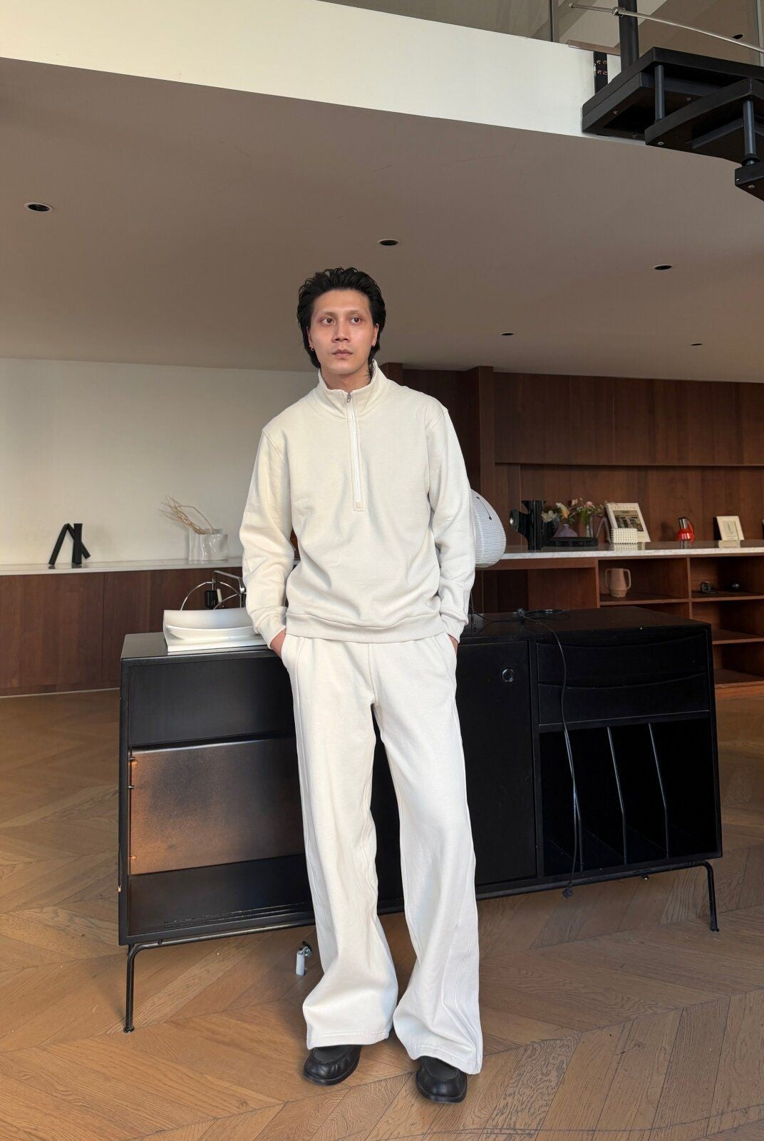 TRIANGLE PROJECT Brushed Cotton Wide Leg Sweatpants in White - On Model