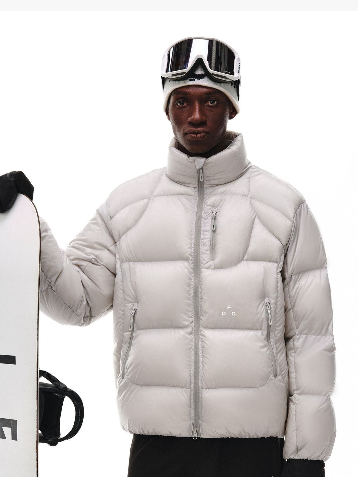 FPA Stand Collar Goose Down Puffer in White - On Male Model
