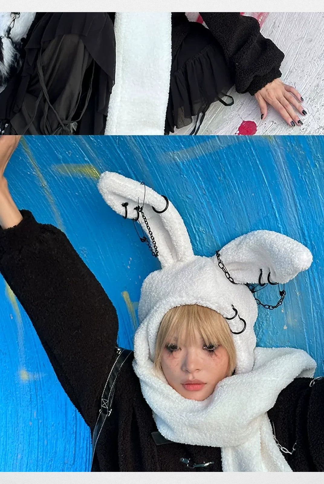 CFIERCE Plush Bunny Scarf Hat in White - On Model