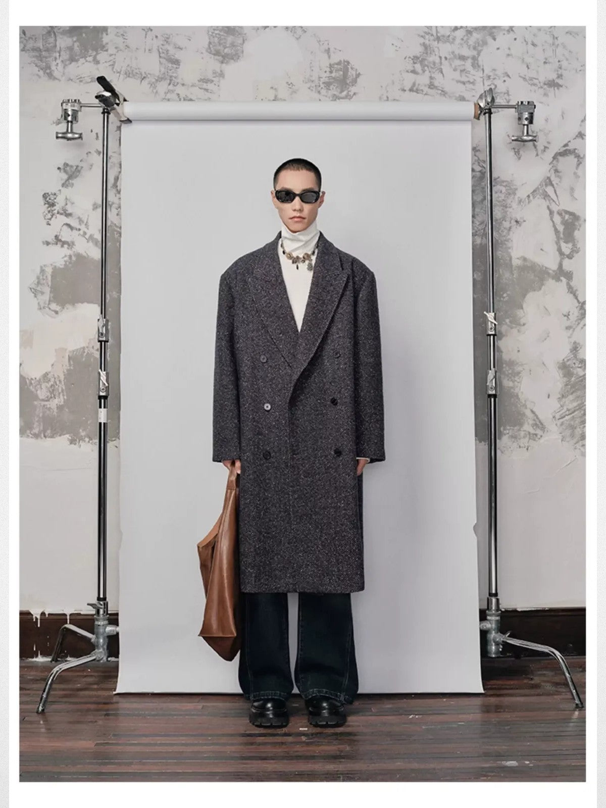 NANS Double Breasted Peak Lapel Wool Coat in Navy Blue