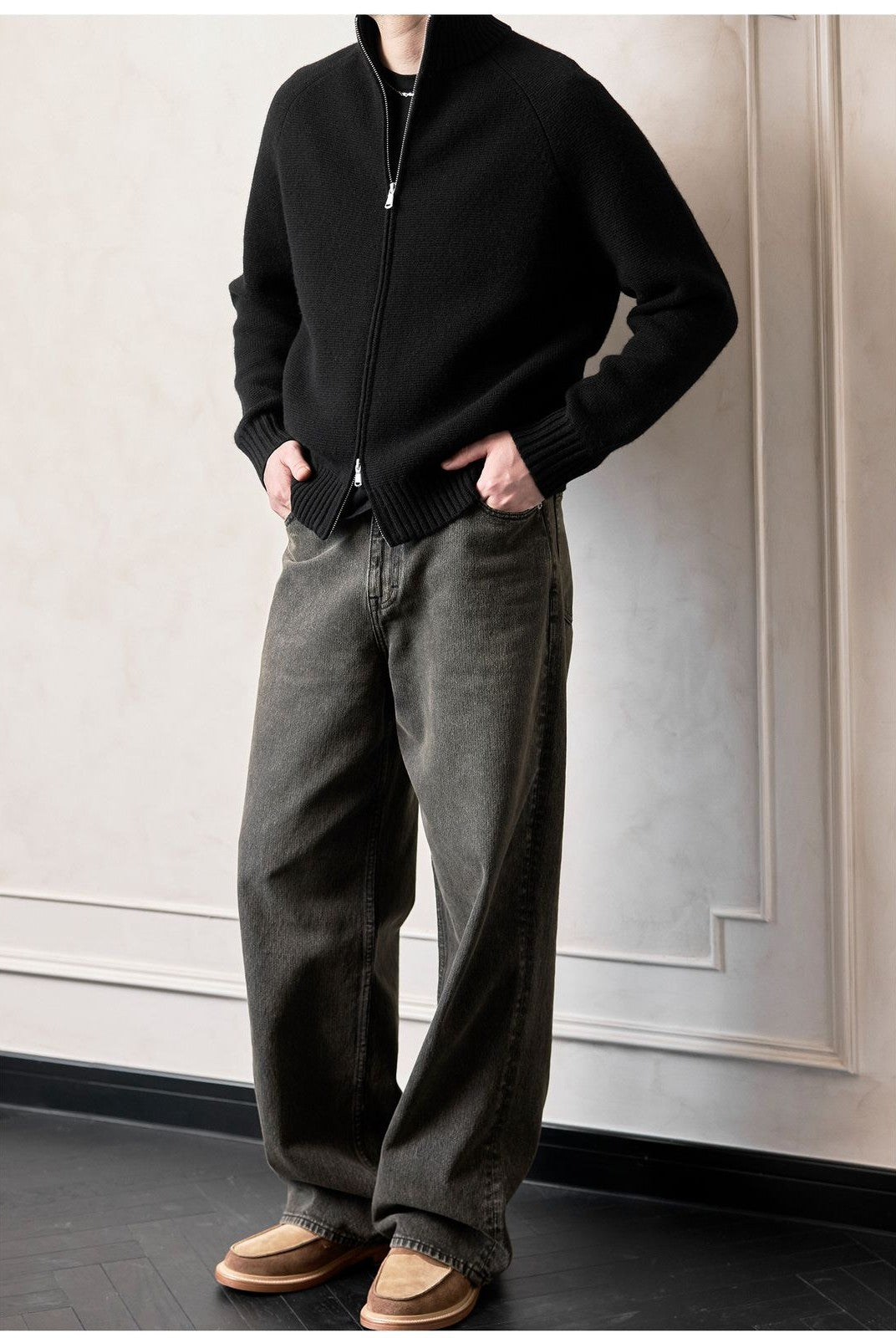 Roolrren Homme 100 Wool Stand Collar Zip Cardigan in Black - On Model