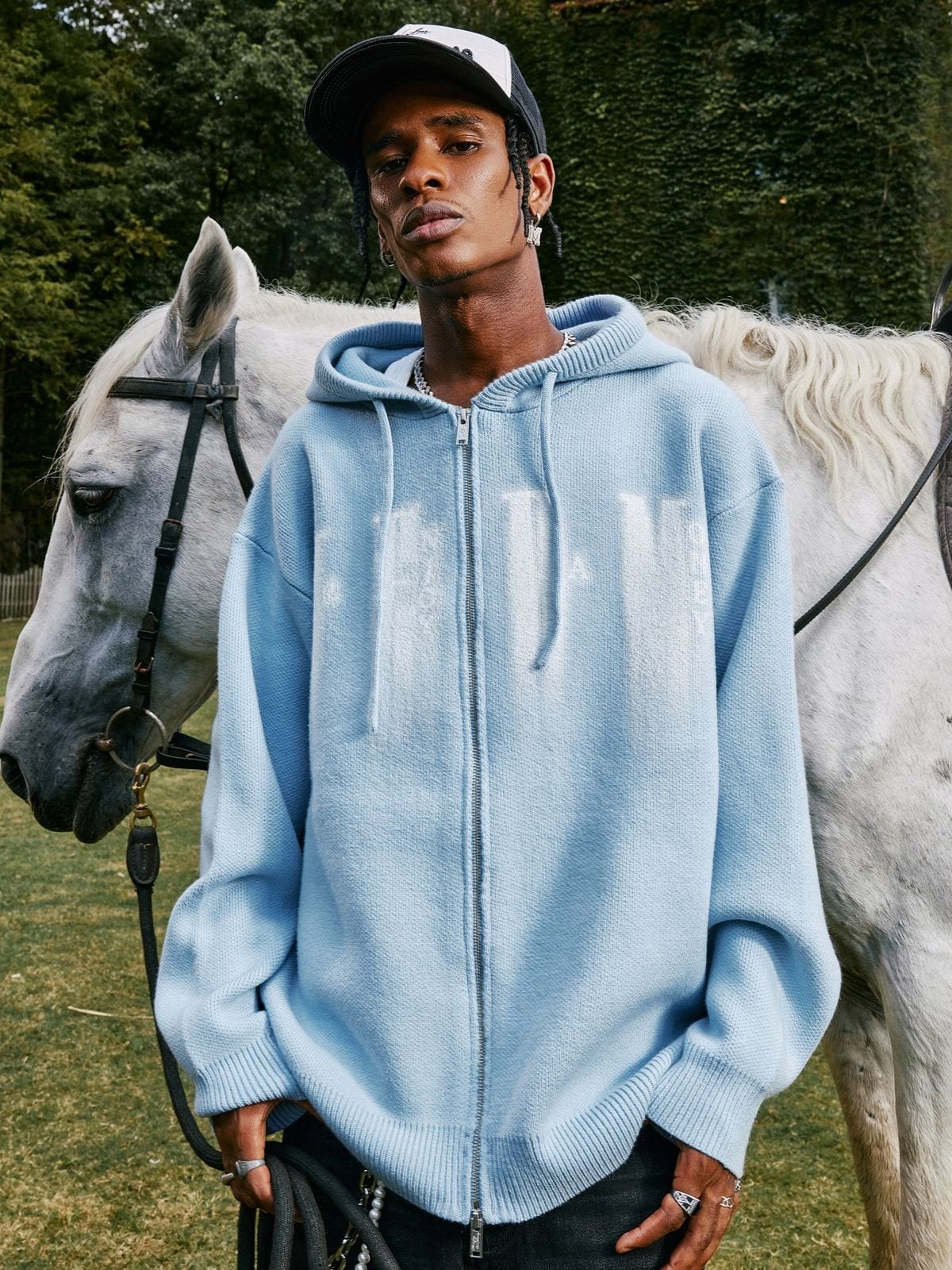 MEDM Phantom Graphic Knit Hoodie in Sky Blue - On Male Model