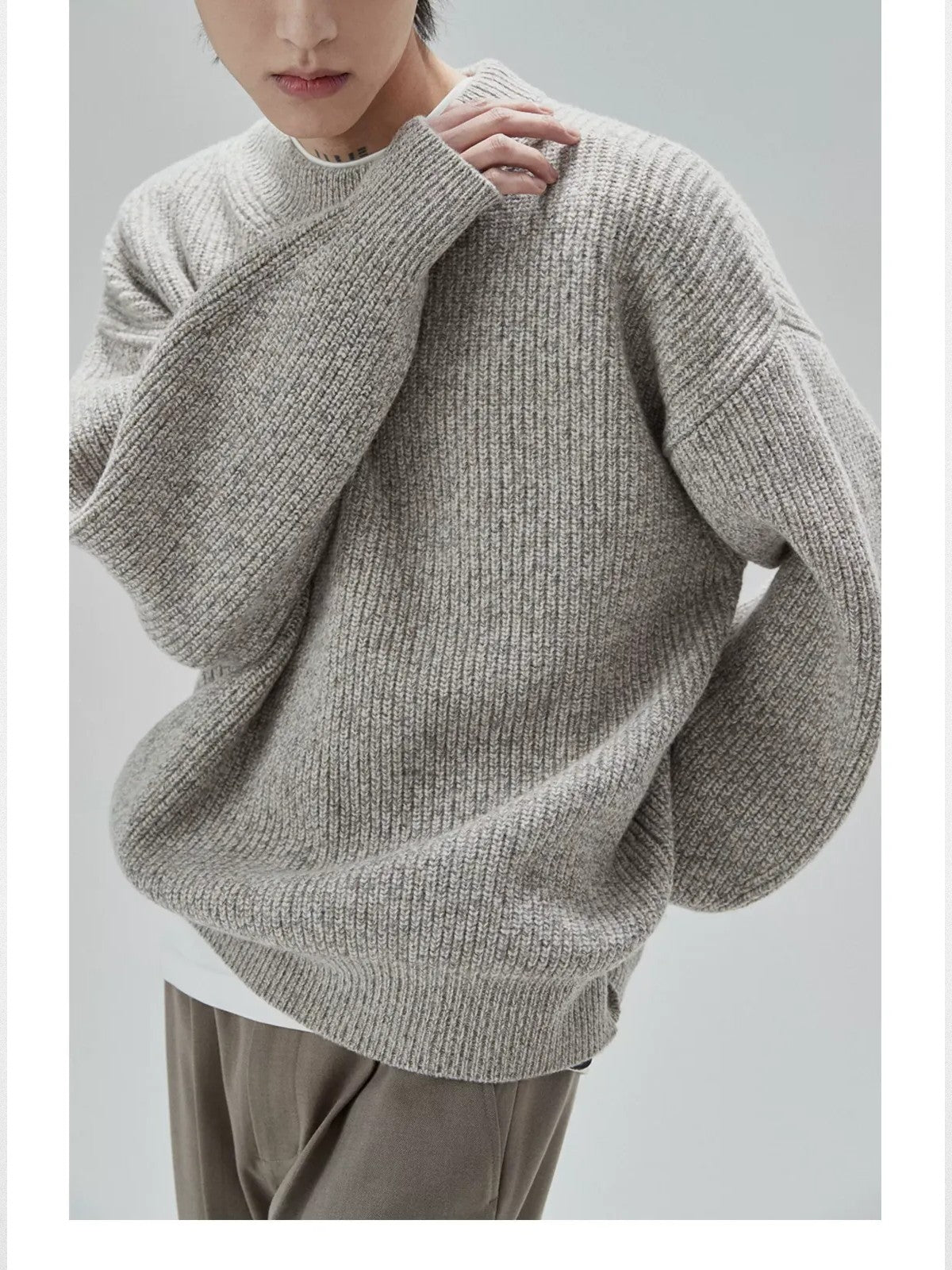 NANS Heavyweight Oversized Merino Crewneck in Beige - On Model