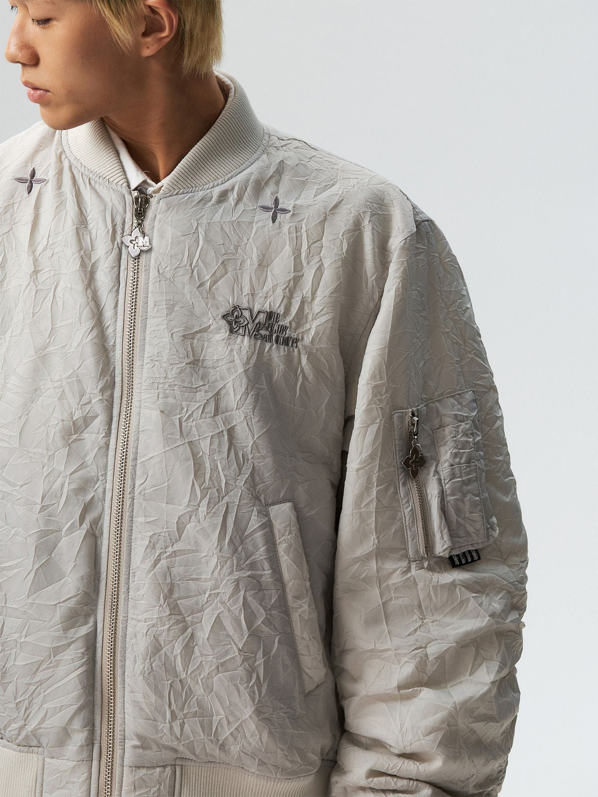 MEDM Nylon Stand Collar Padded Bomber in Gray - On Male Model