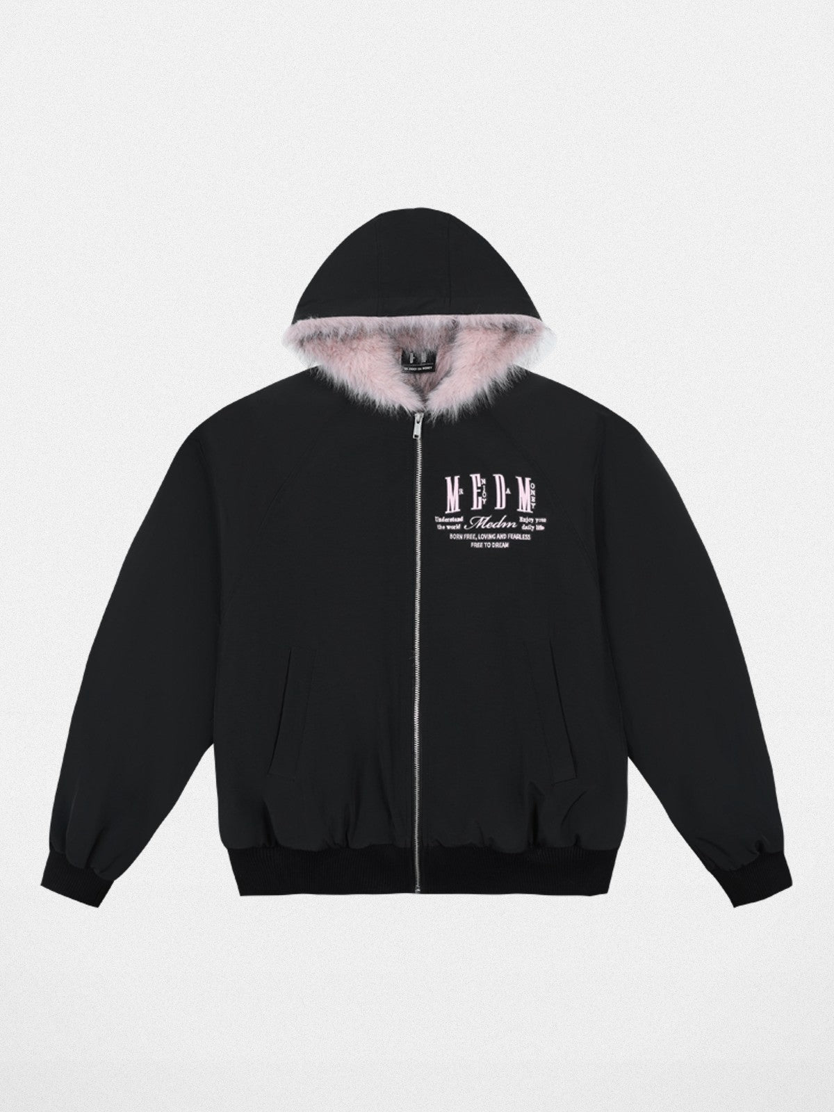 MEDM Faux Fur Trim Padded Jacket in Pink