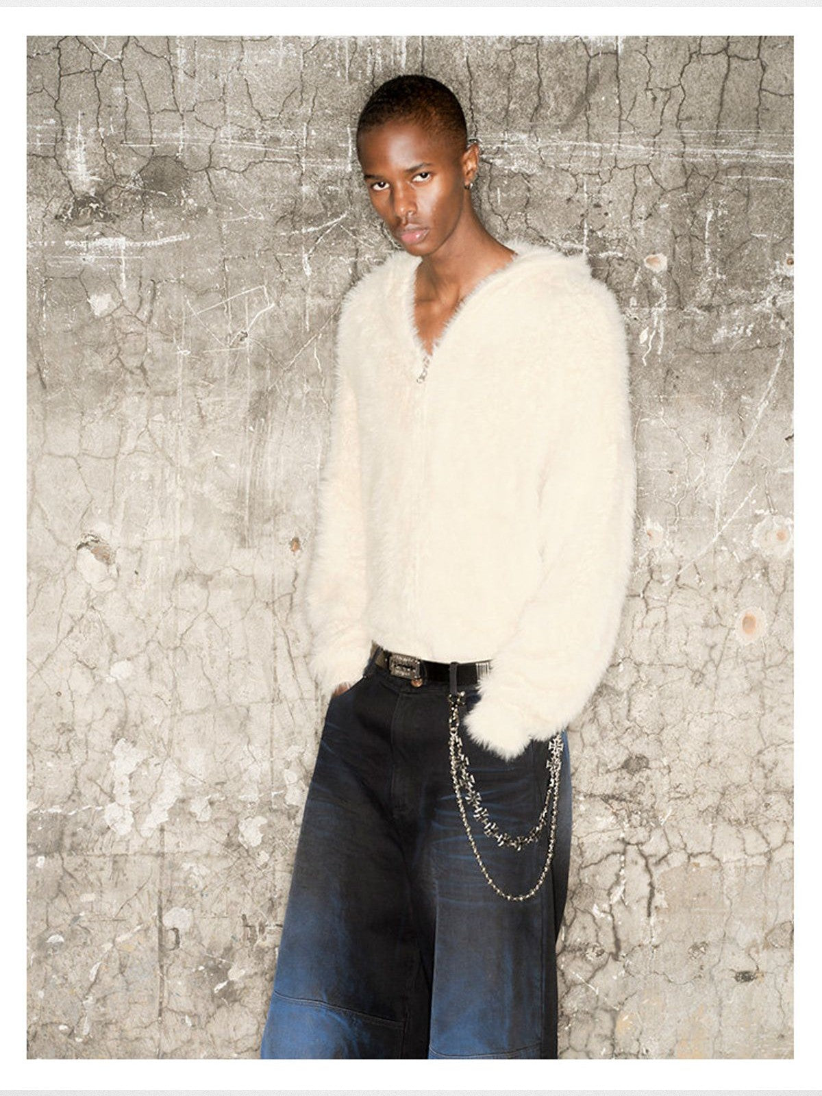 TRIANGLE PROJECT Faux Mink Zip Up Hooded Jacket in White - On Model