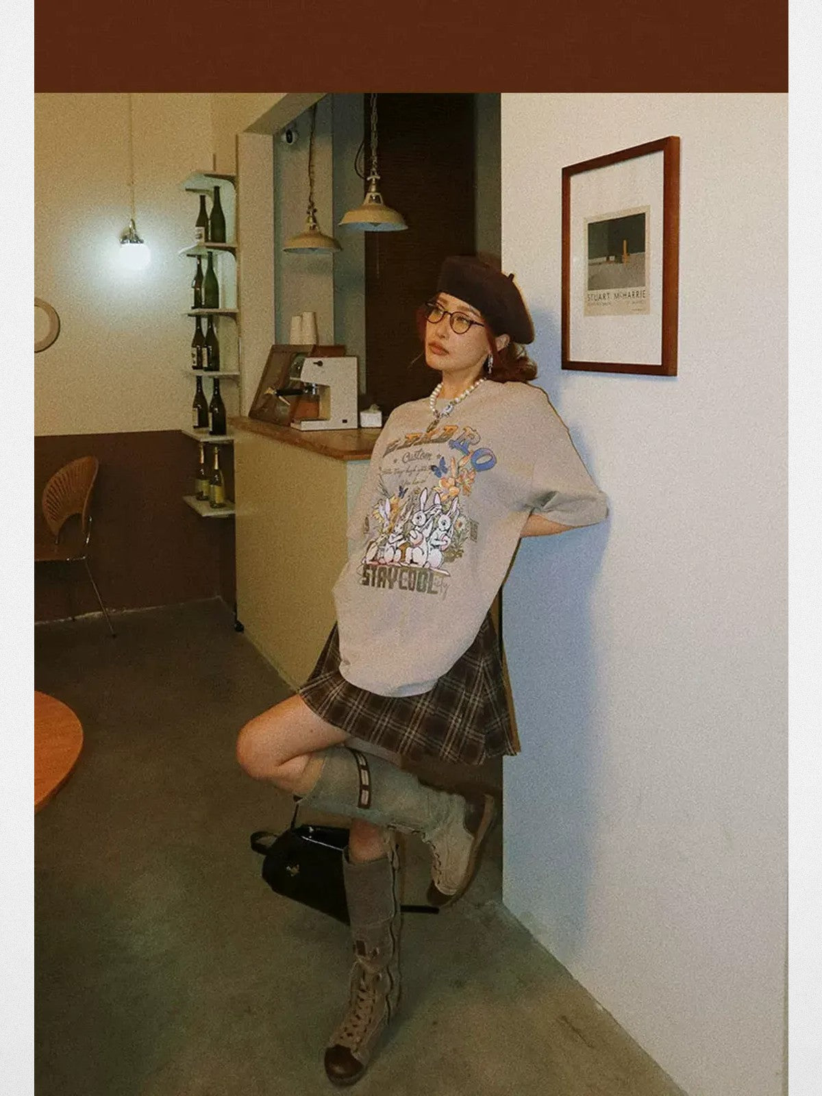 BeerBro Rabbit Graphic Oversized T Shirt in Gray - On Model