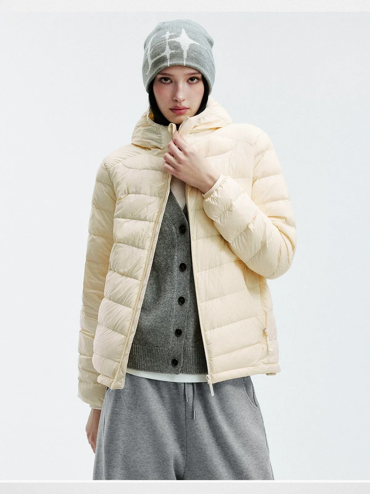 MEDM Waterproof Goose Down Hooded Puffer in White - On Female Model