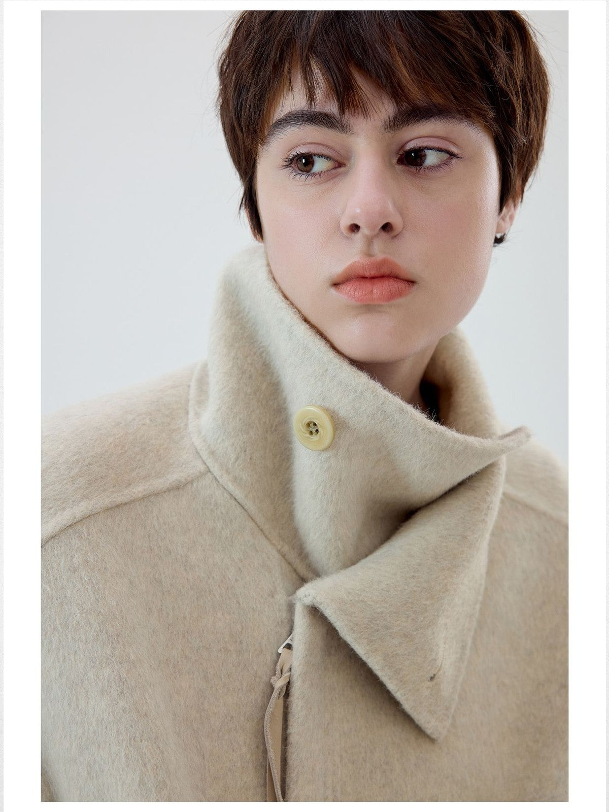 Simple Project High Neck Double Faced Wool Jacket in White - On Female Model