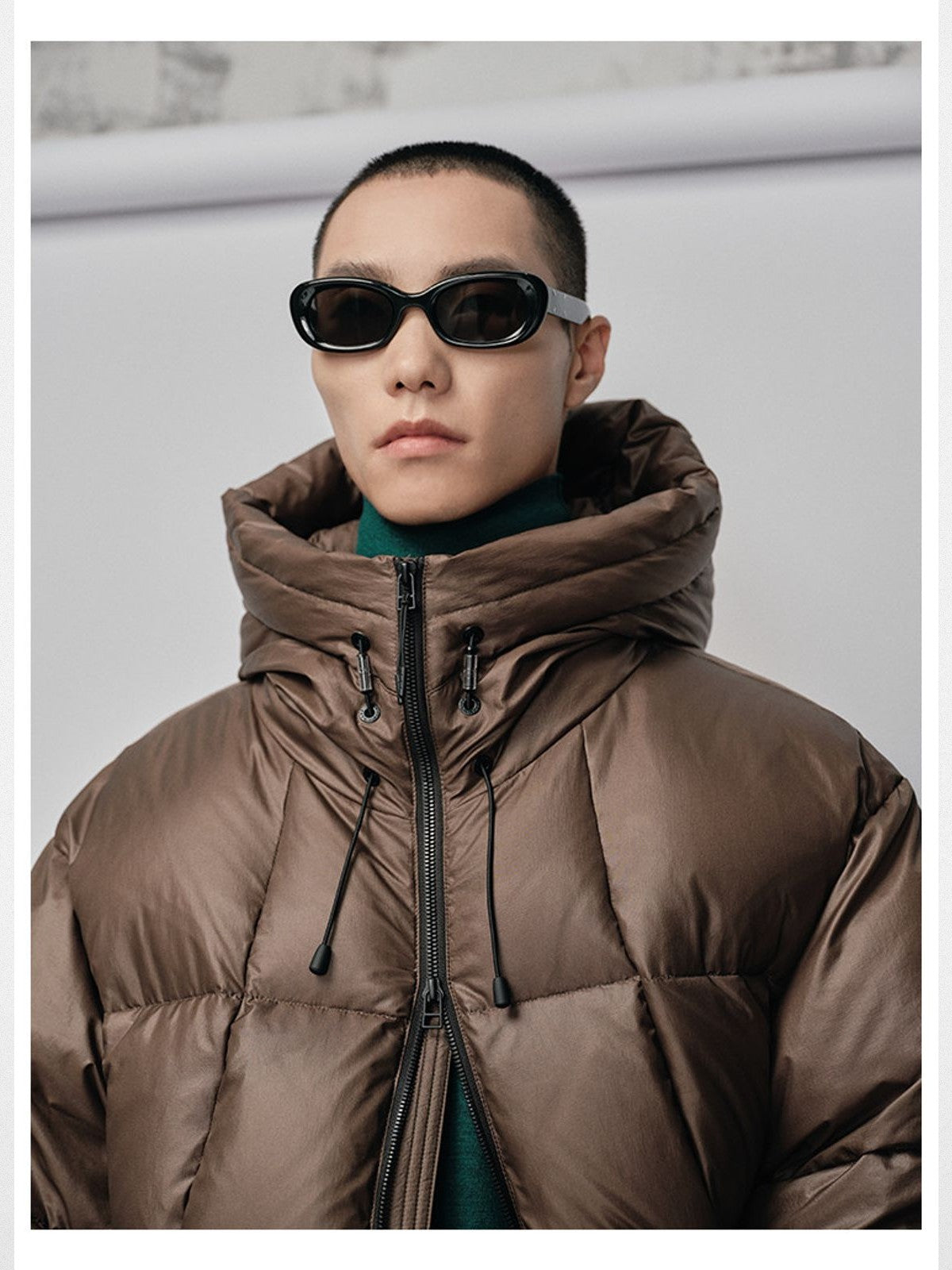 NANS Micro Check Hooded Down Puffer in Brown - On Male Model