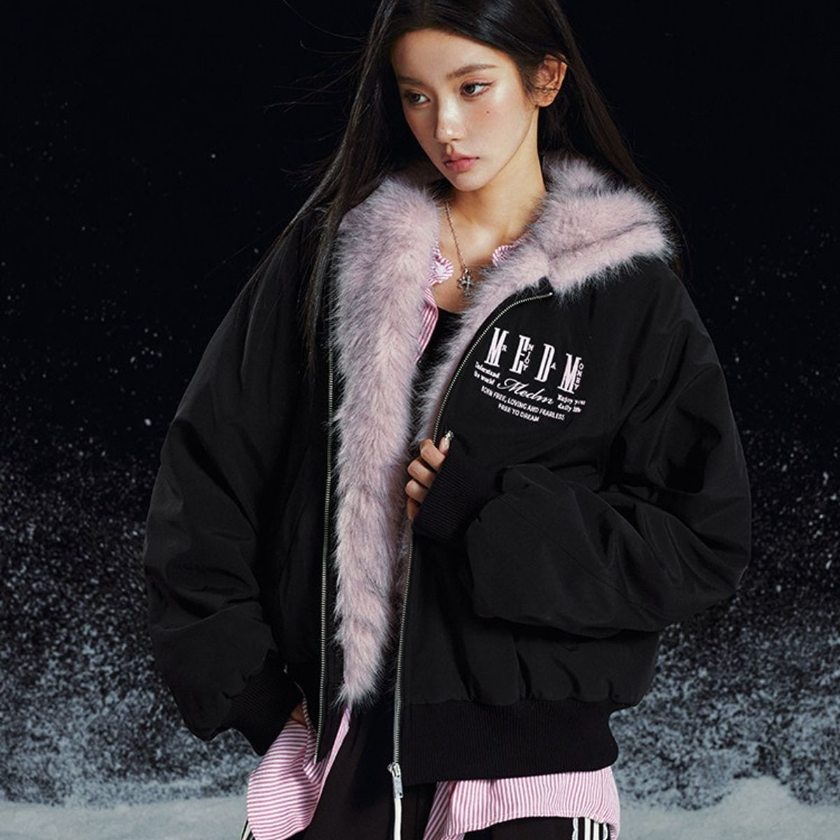 MEDM Faux Fur Hooded Padded Jacket in Pink - On Female Model