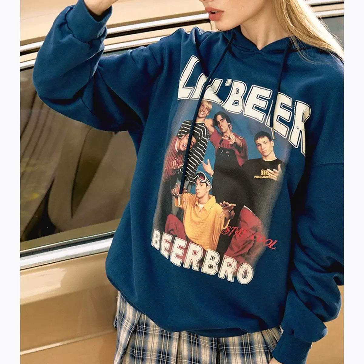 BeerBro Retro Graphic Print Hoodie in Navy Blue - On Model