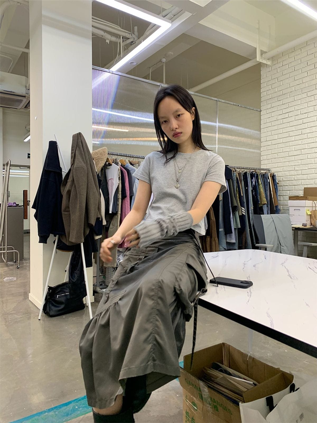 Neverseez Solid Cotton Crop Tee in Gray - On Model