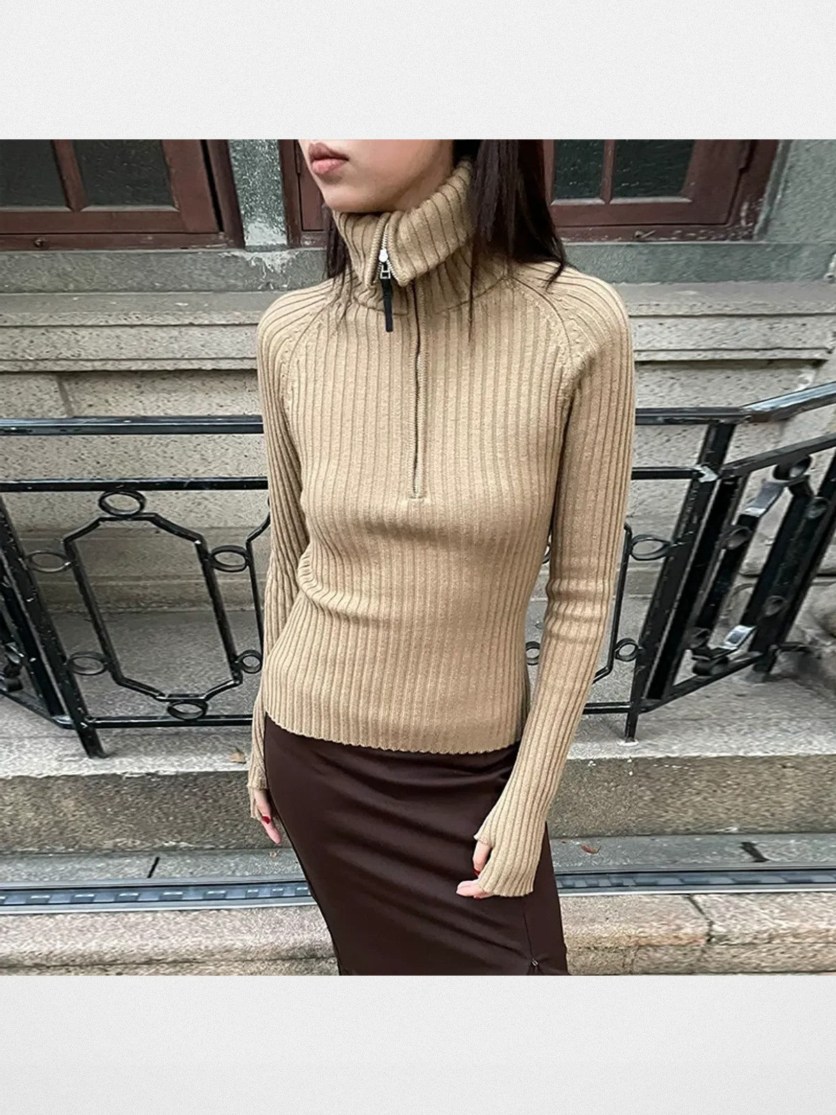 RARELY ALIKE Zip Up High Neck Wool Knit in Beige - On Model