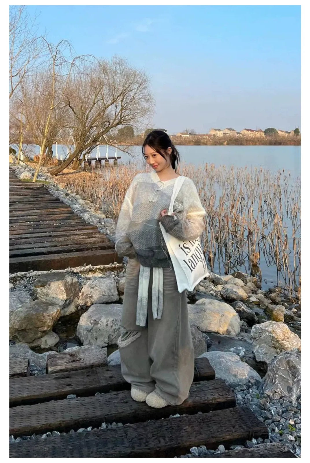 LOSTCTRL Gradient Fringe V Neck Sweater in Gray - Lifestyle