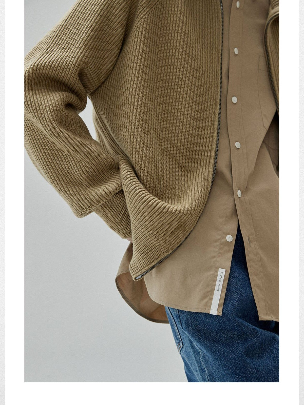 NANS Heavyweight Raglan Zip Cardigan in Beige - On Model