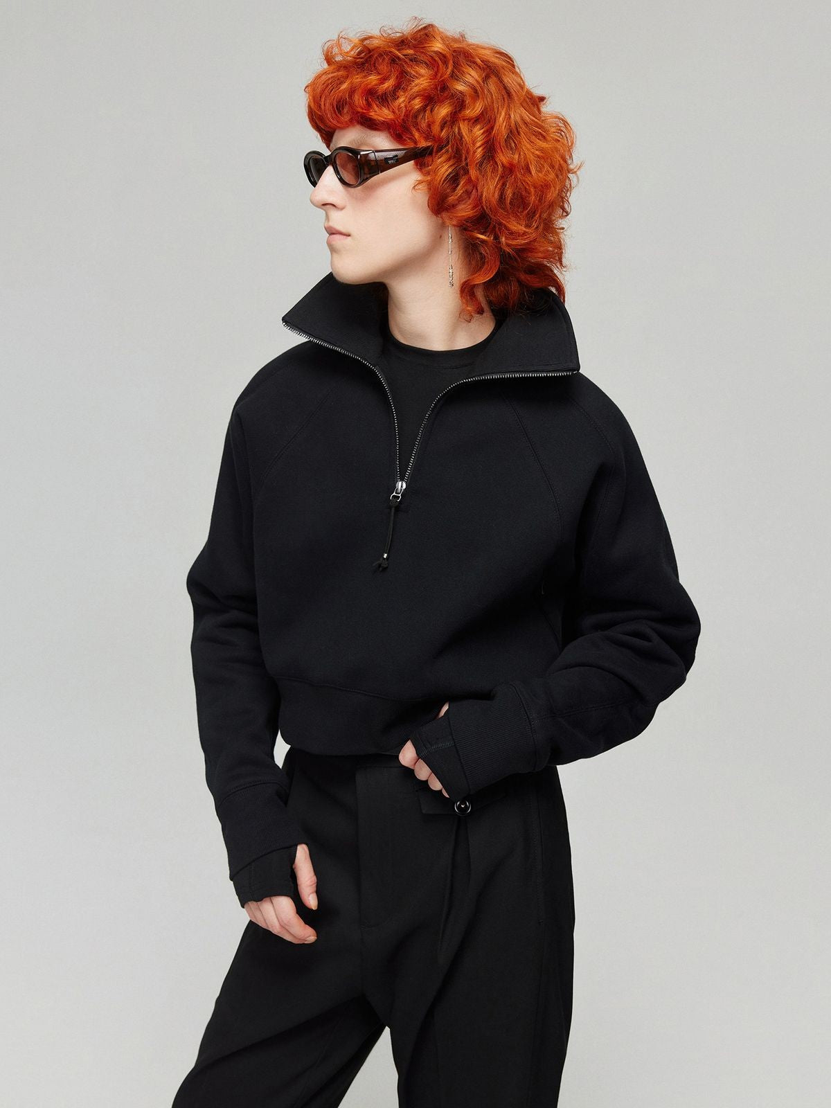 Simple Project Mock Neck Half Zip Sweatshirt in Black - On Model
