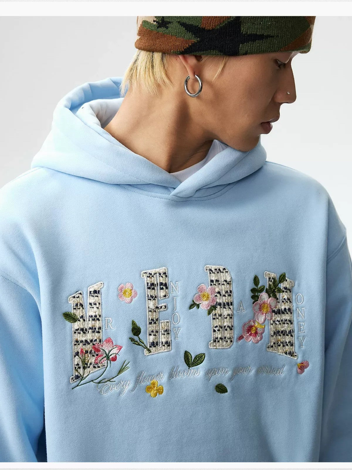 MEDM Floral Patch Fleece Hoodie in Sky Blue - On Male Model