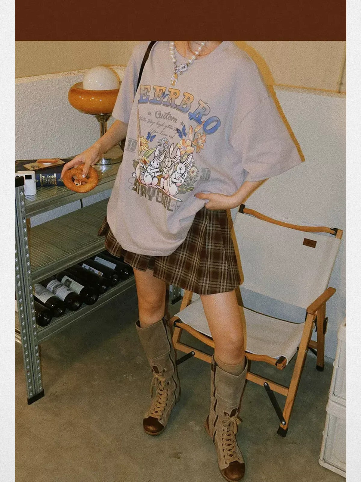 BeerBro Rabbit Graphic Oversized T Shirt in Gray - On Model