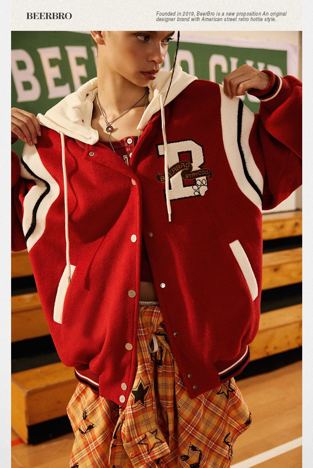 BeerBro Detachable Hood Varsity Jacket in Red - On Model
