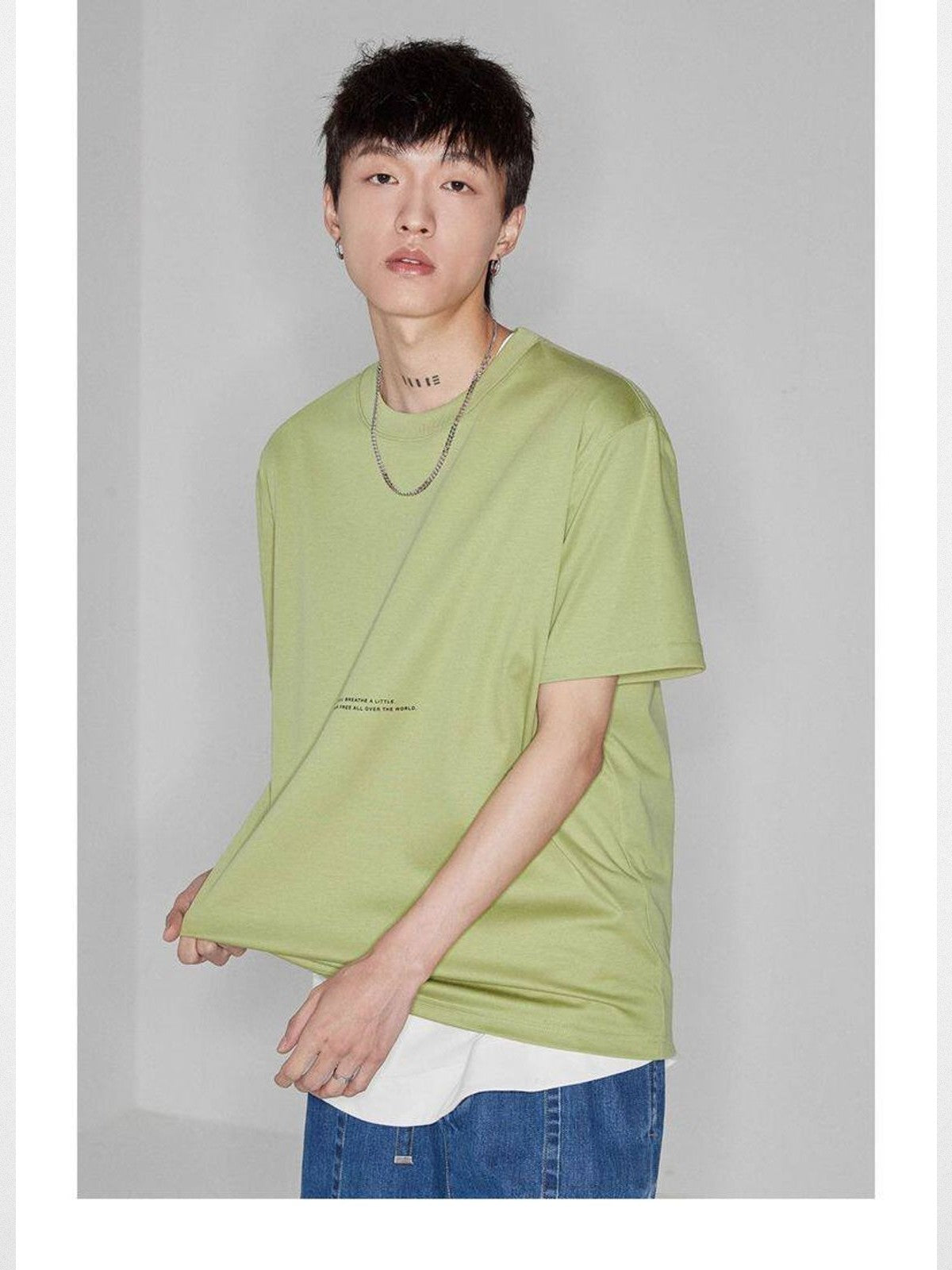 NANS Contrast Print Pima Cotton T Shirt in Green - On Model